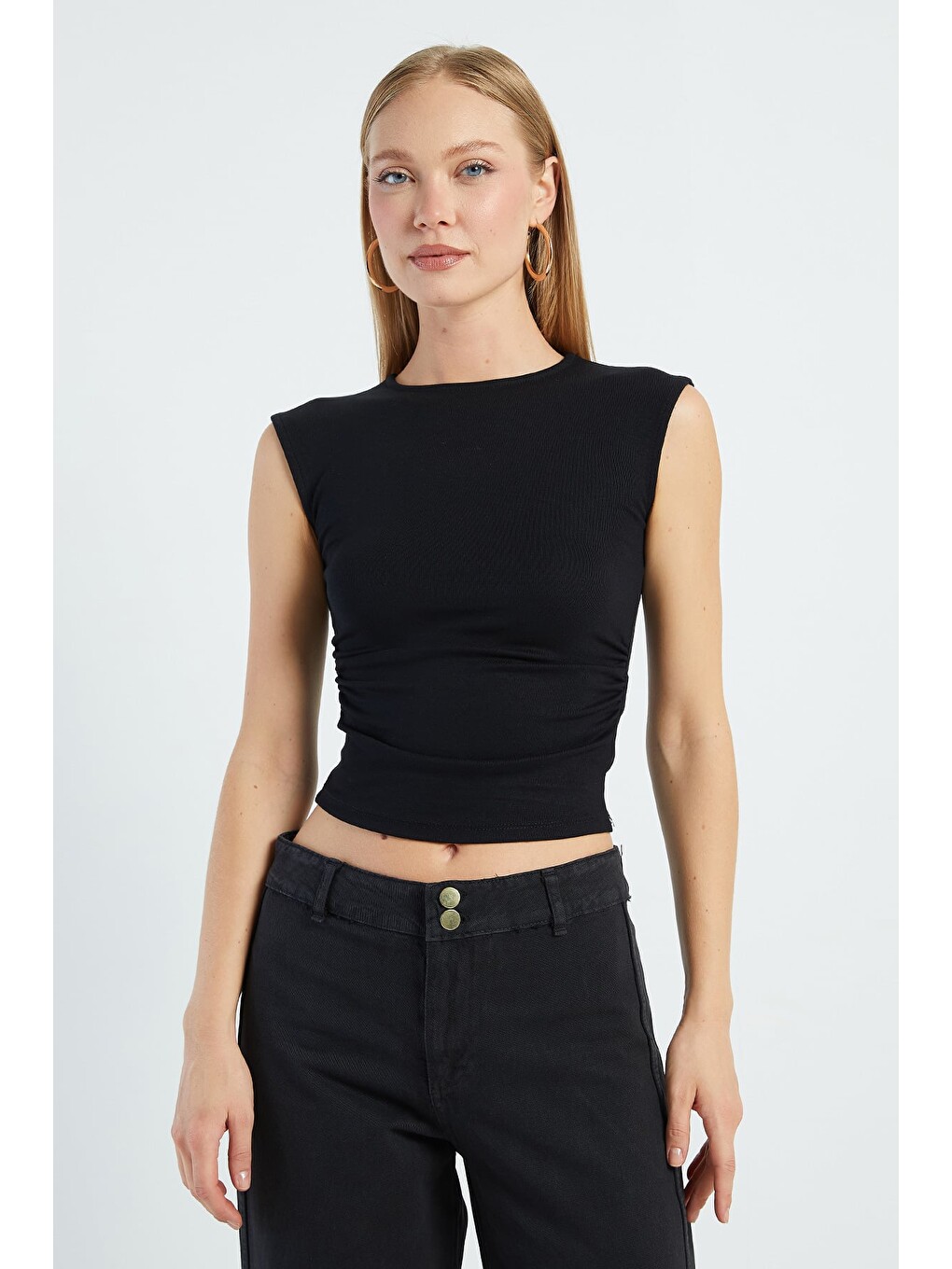 Siyah Yanı Drapeli Slim Fit Bluz