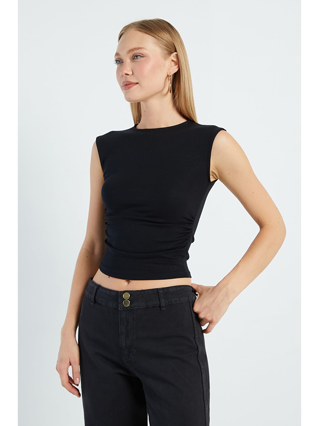 Siyah Yanı Drapeli Slim Fit Bluz-1