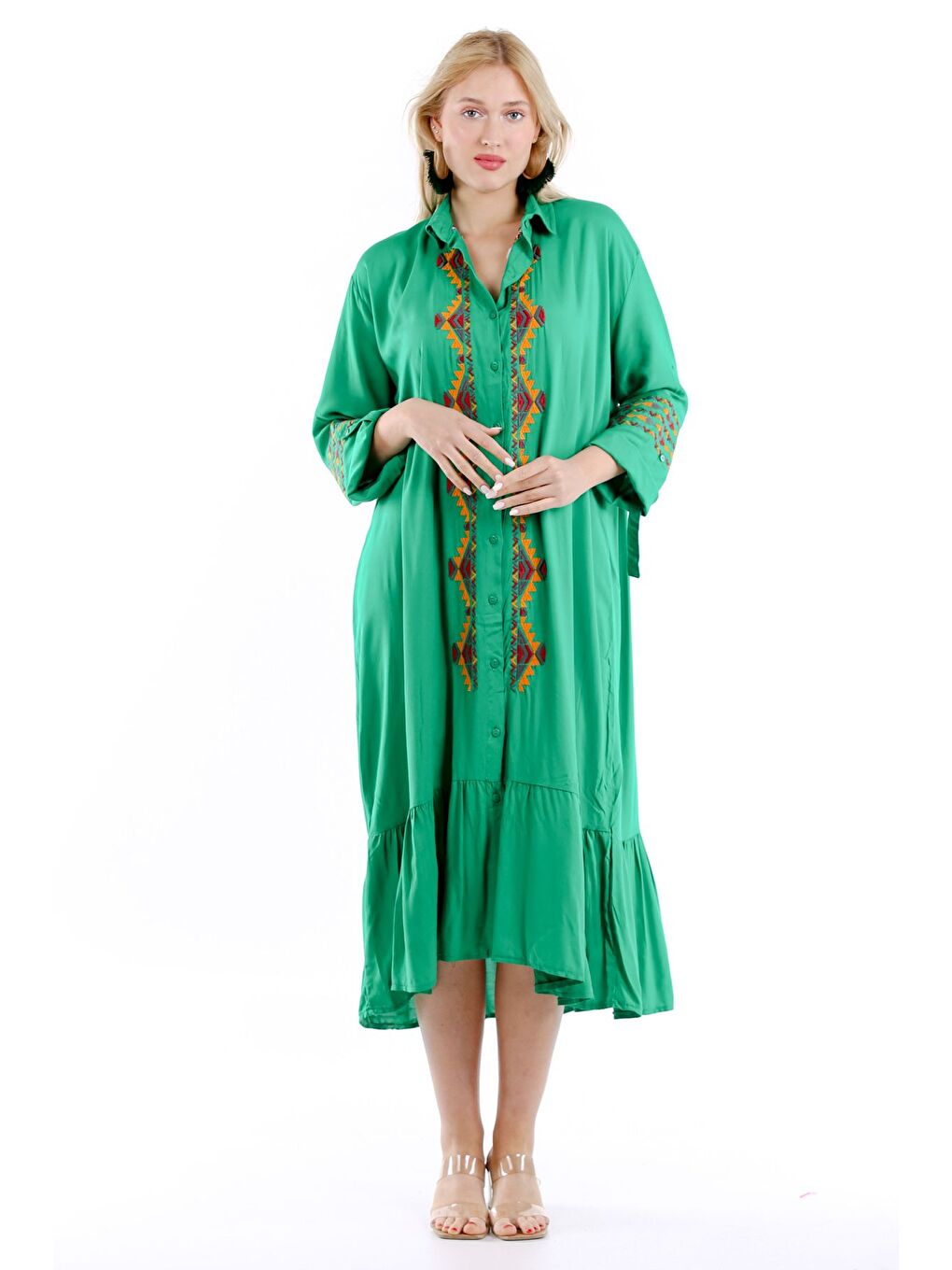 Yeşil Gömlek Yaka Uzun Kol Düğmeli Nakışlı Dokuma Elbise-3