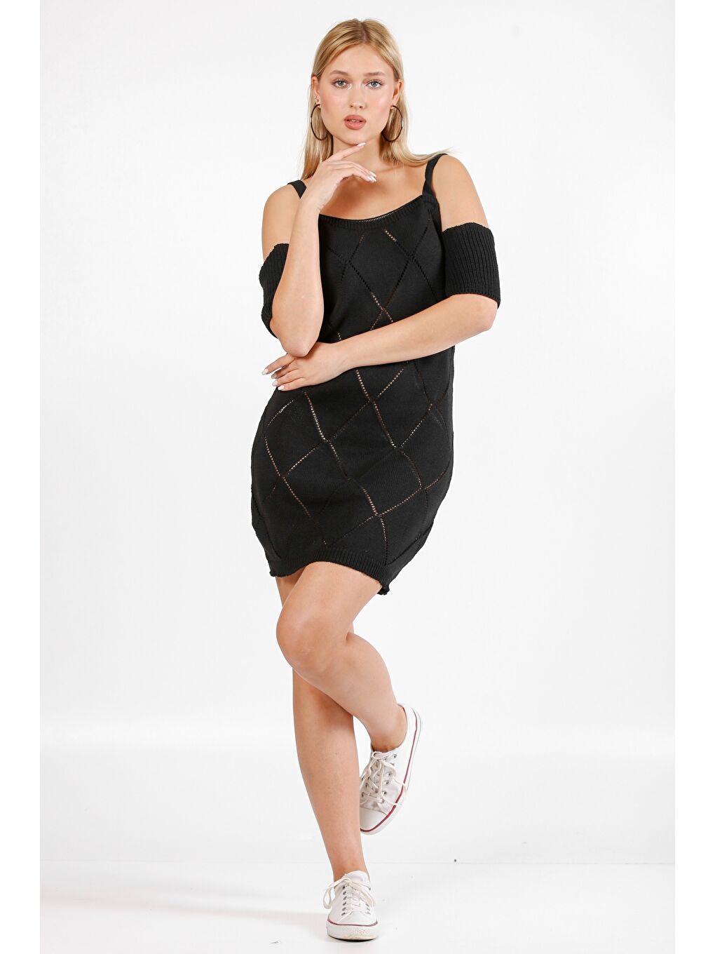 Siyah Askılı Mini Triko Elbise-3