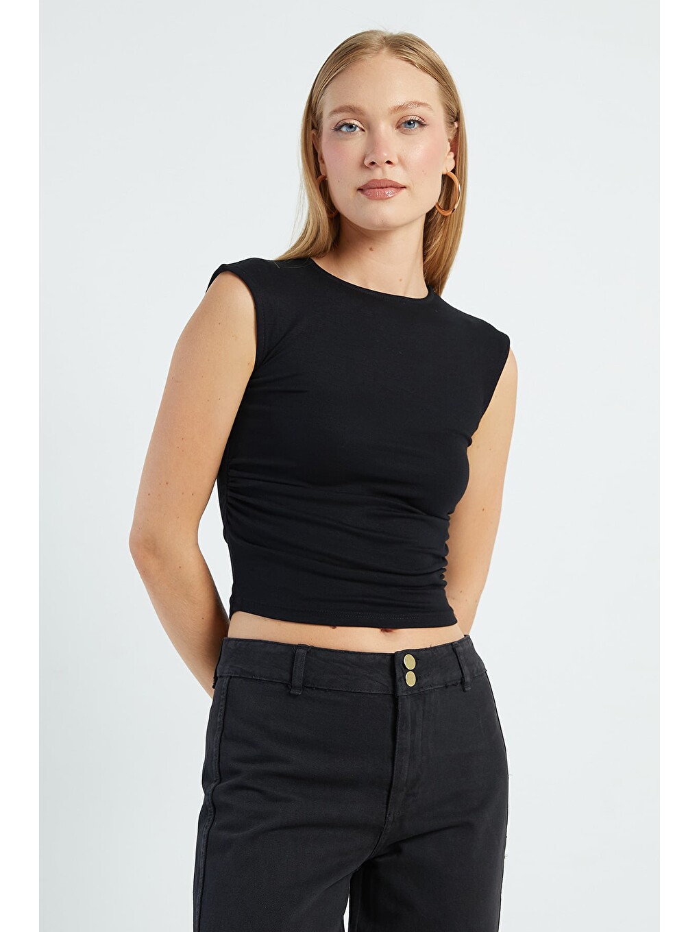 Siyah Yanı Drapeli Slim Fit Bluz-3