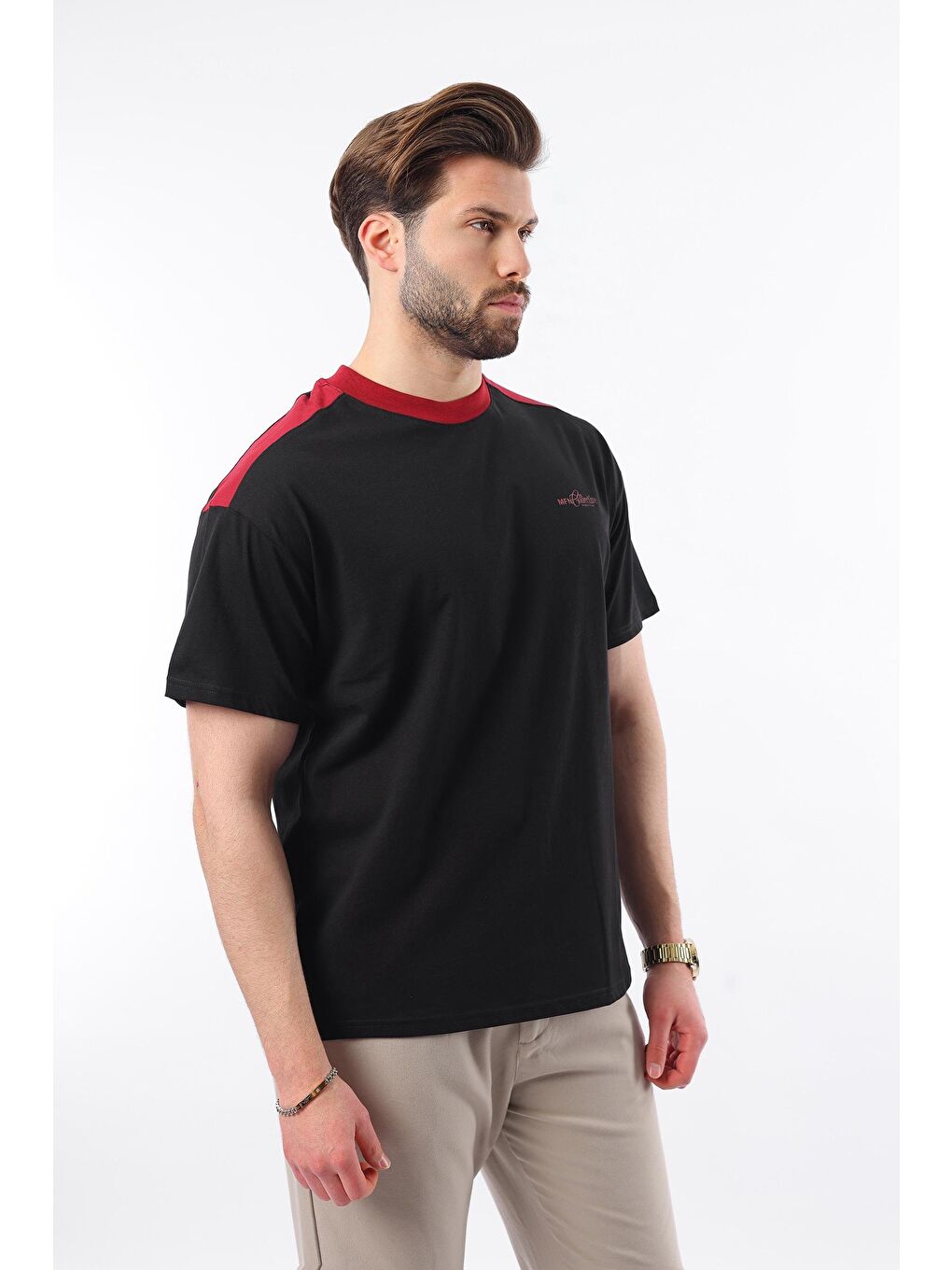 Siyah Bisiklet Yaka Baskılı Erkek Tişört E7114-3