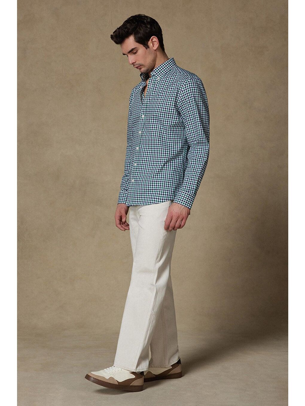 Dante Poplin Pamuklu Comfort Fit Yeşil Düğmeli Yaka Erkek Kareli %100 Pamuk Gömlek-2