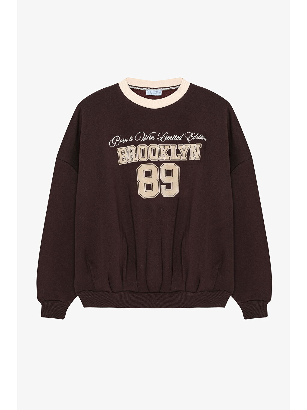 Kontrast Yaka Brooklyn Baskılı Oversize Sweatshirt Kahverengi