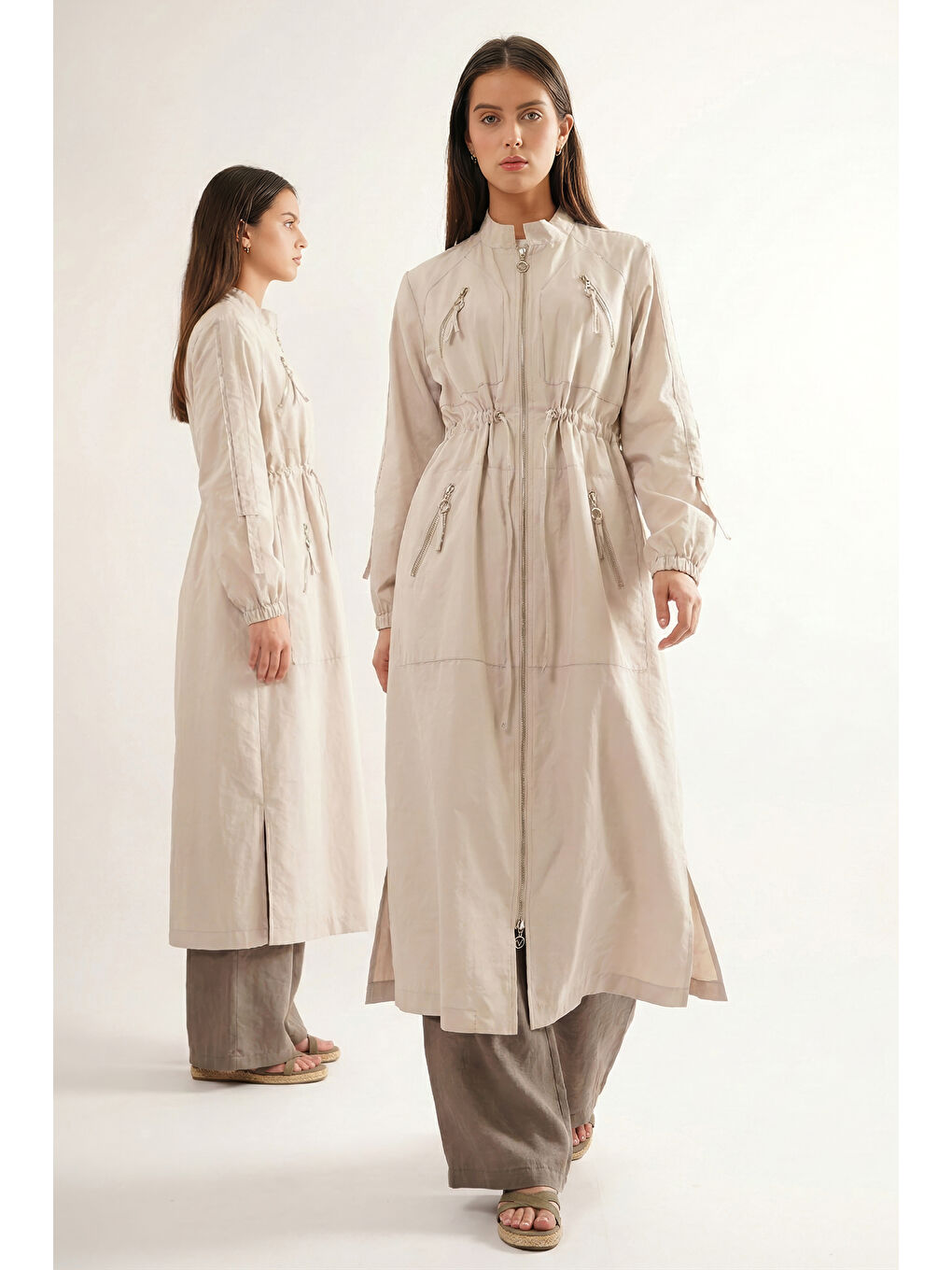 Bej Hakim Yaka Beli Büzgülü Önden Fermuar Detaylı Safari Kap Ceket 822 Taş