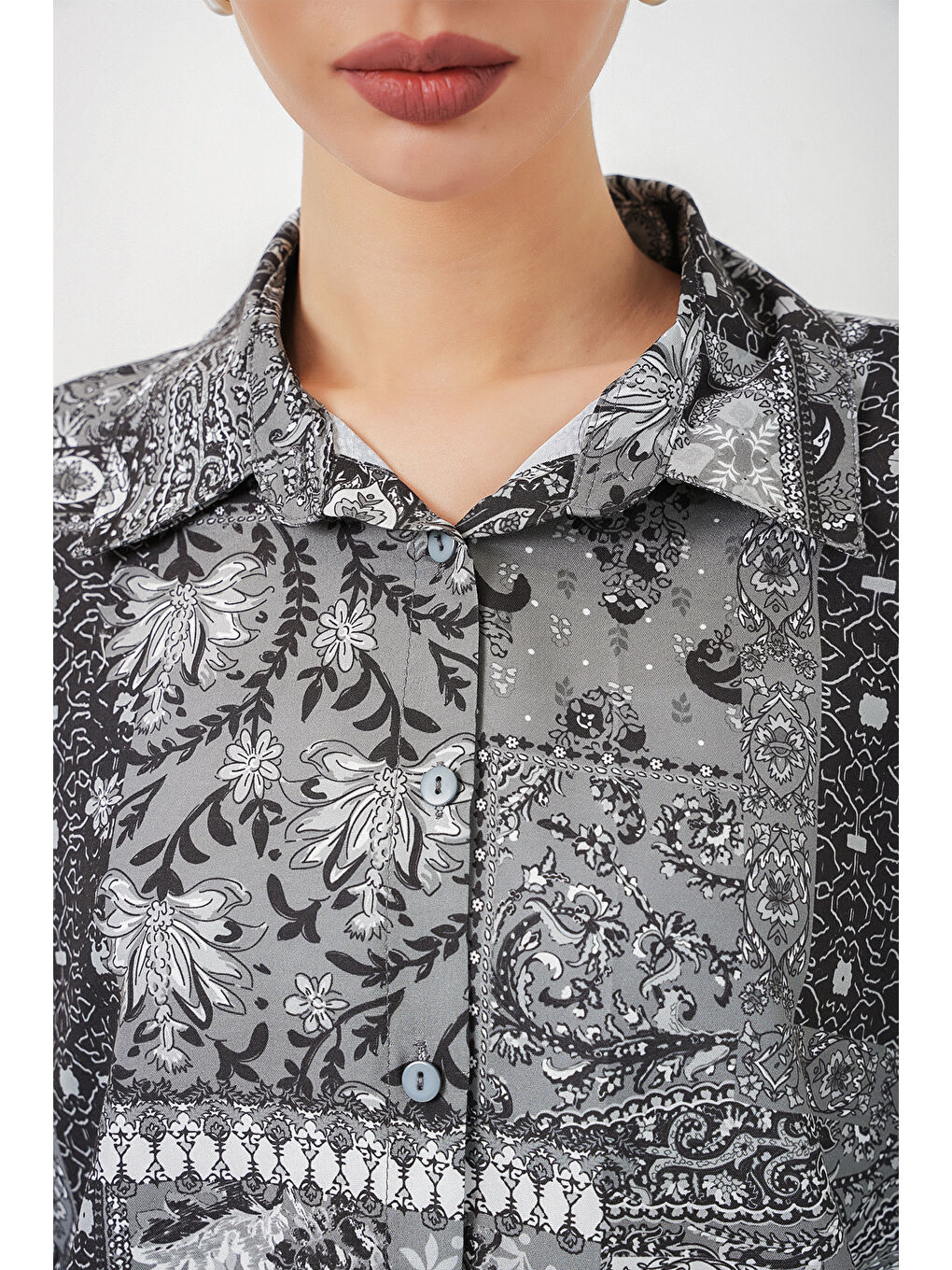 Kadın Oversize Desenli Saten Gömlek 20365 - Antrasit-5