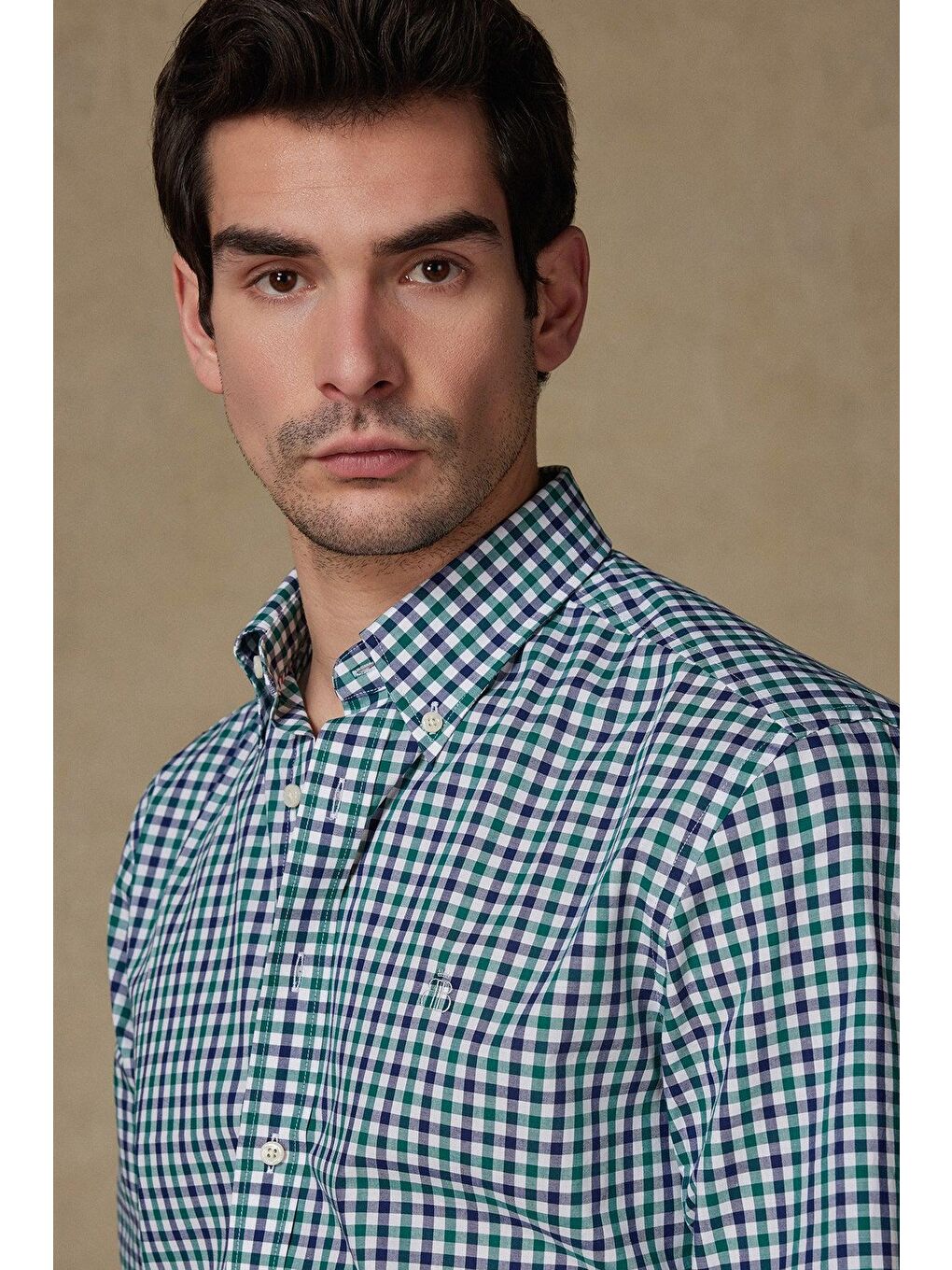 Dante Poplin Pamuklu Comfort Fit Yeşil Düğmeli Yaka Erkek Kareli %100 Pamuk Gömlek-3