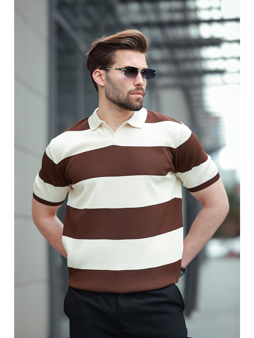 Kahverengi Polo Yaka Çizgili Erkek Triko Tişört E7411-3