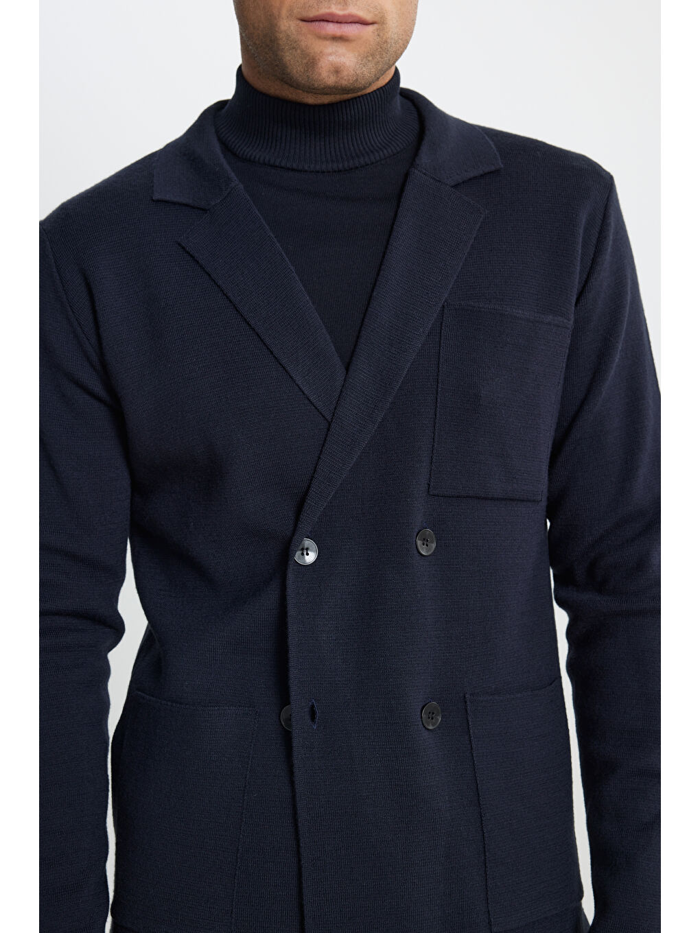 Lacivert Yünlü Normal Kesim Triko Ceket-4