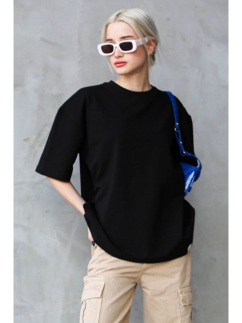 Siyah Bisiklet Yaka Basic Oversize Tişört Mg1687-5