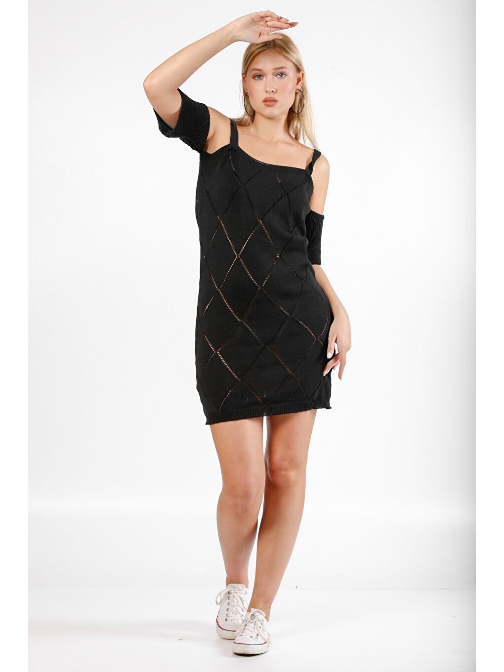 Siyah Askılı Mini Triko Elbise-5
