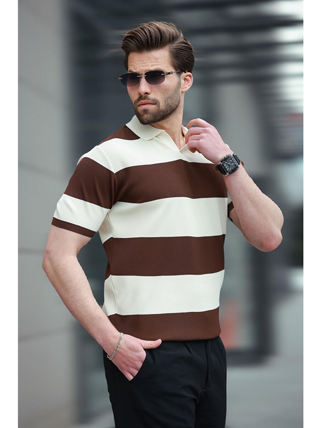 Kahverengi Polo Yaka Çizgili Erkek Triko Tişört E7411-4