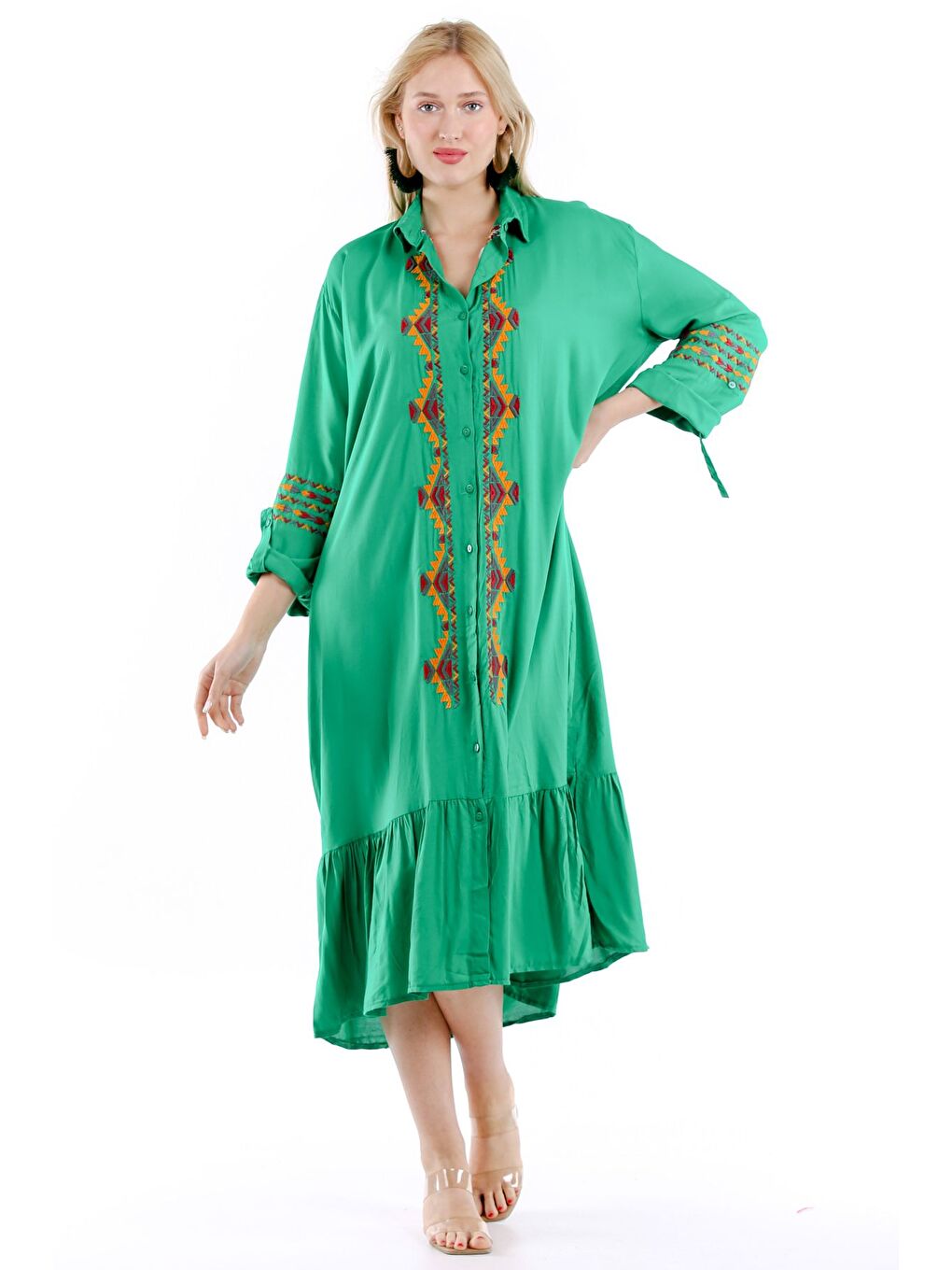 Yeşil Gömlek Yaka Uzun Kol Düğmeli Nakışlı Dokuma Elbise-6