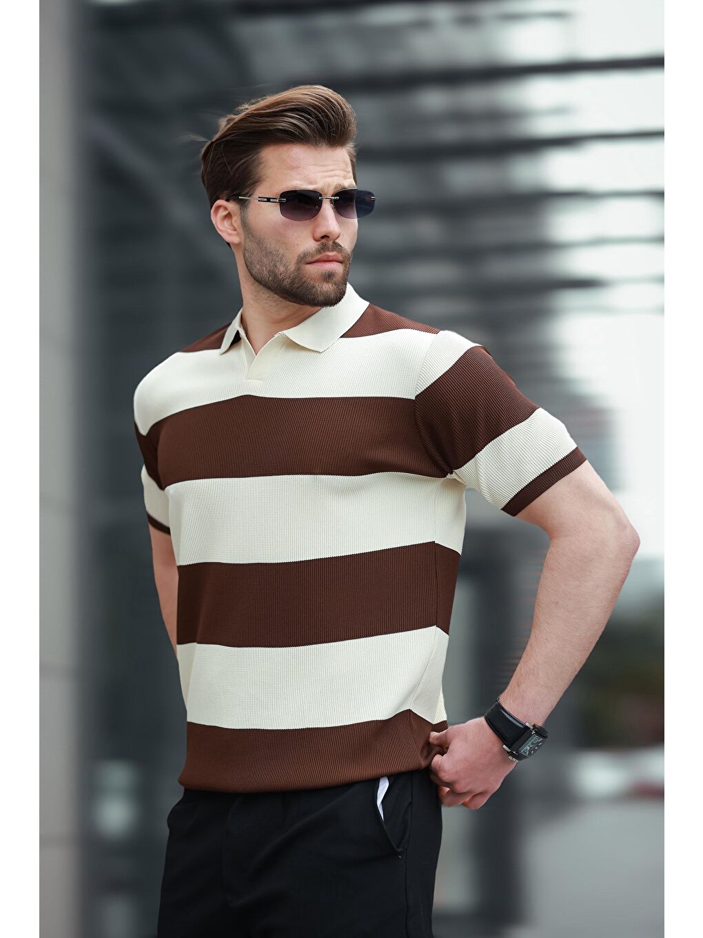 Kahverengi Polo Yaka Çizgili Erkek Triko Tişört E7411-5
