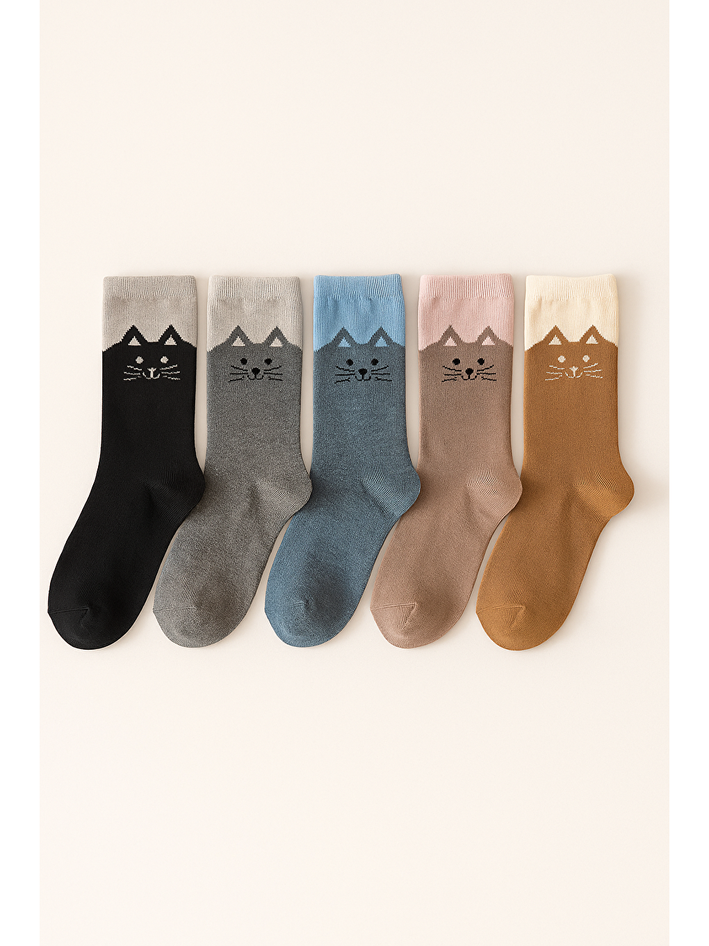 Karışık Kadın 5'Li Sevimli Kedi Desenli Soket Çorap