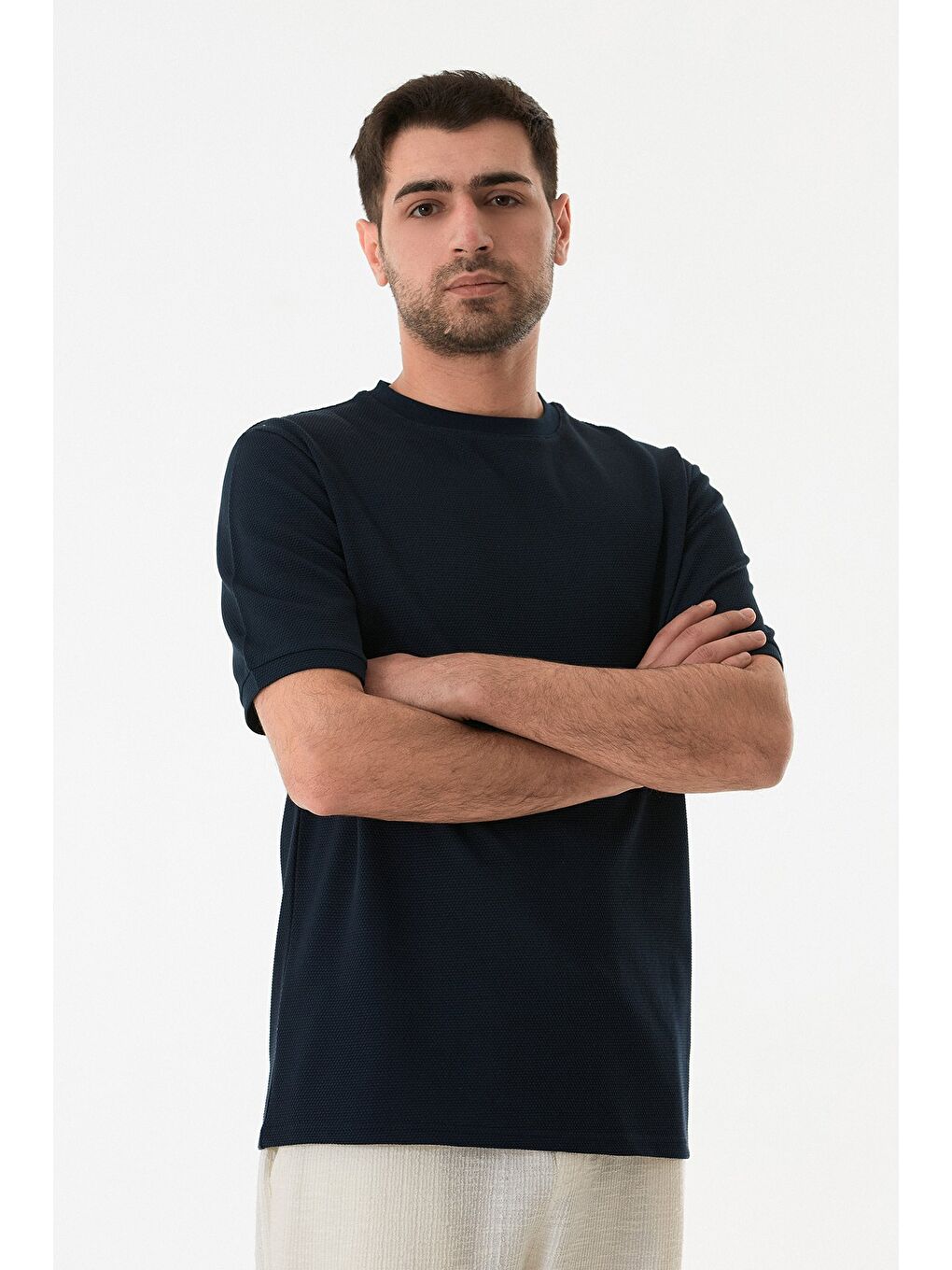 Lacivert Petek Kumaş Bisiklet Yaka Tişört-4