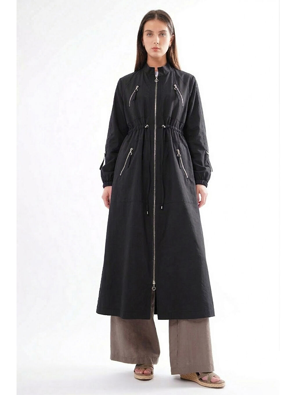 Hakim Yaka Beli Büzgülü Önden Fermuar Detaylı Safari Kap Ceket 822 Siyah-1