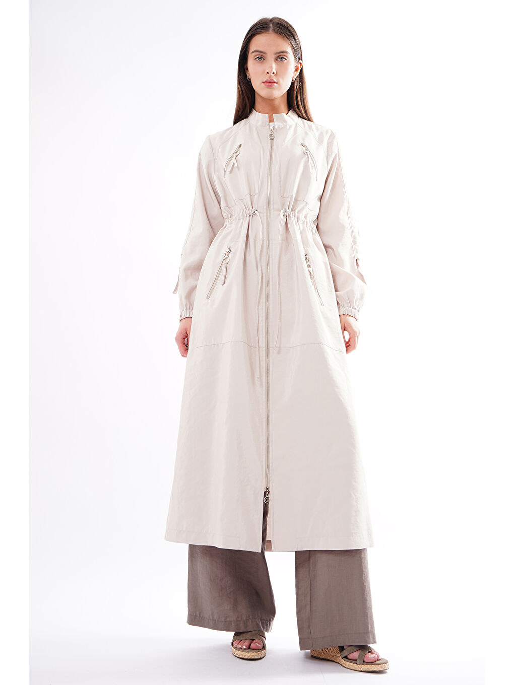 Bej Hakim Yaka Beli Büzgülü Önden Fermuar Detaylı Safari Kap Ceket 822 Taş-1