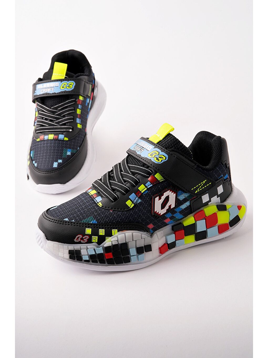 Siyah BLOCK Renkli Blok Tabanlı Cırtlı ve Bağcıklı Çocuk Sneaker Spor Ayakkabı