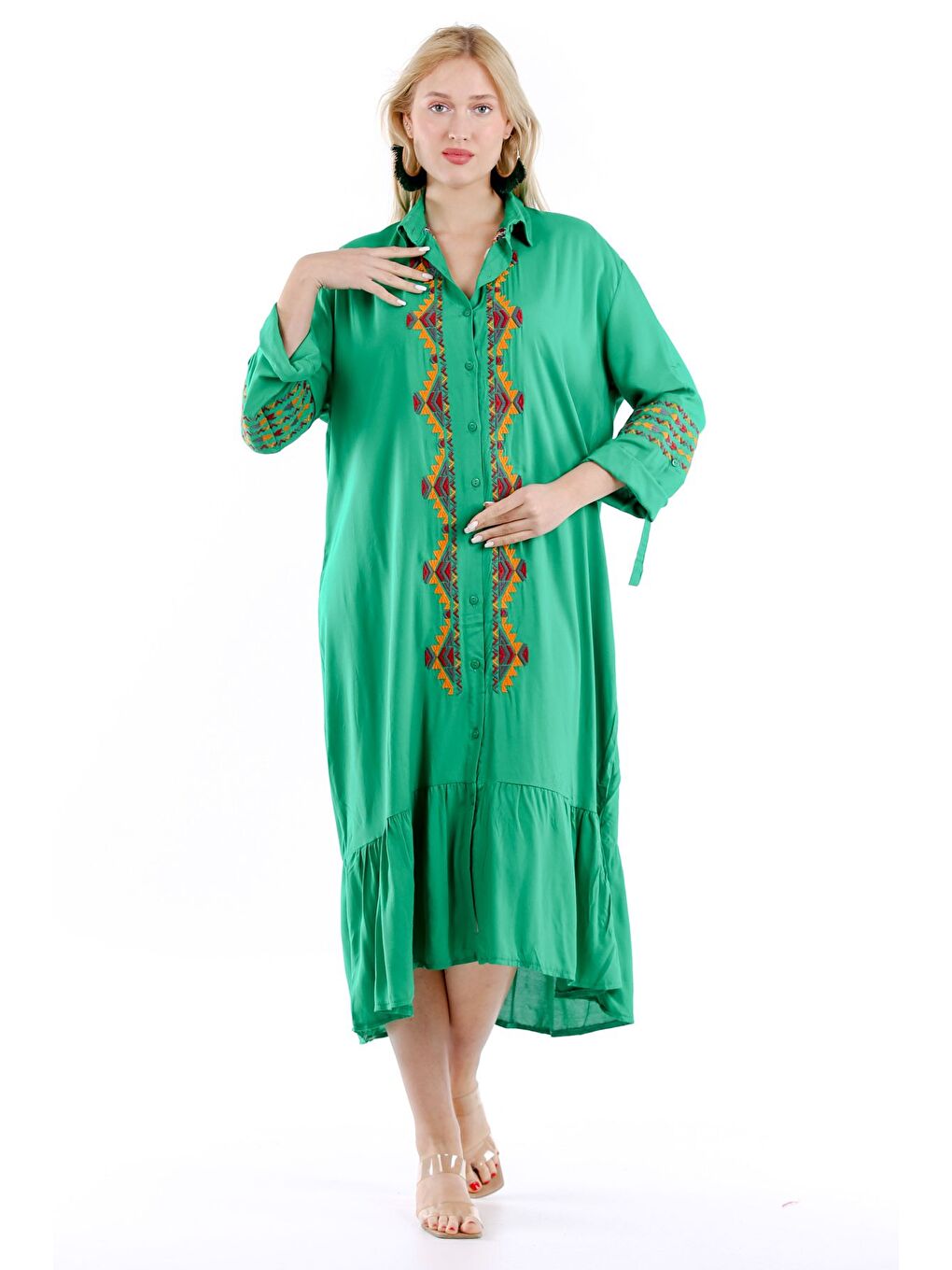 Yeşil Gömlek Yaka Uzun Kol Düğmeli Nakışlı Dokuma Elbise-7