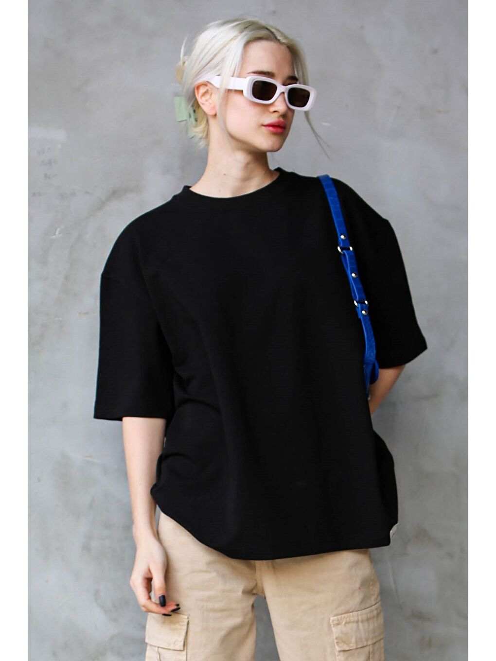 Siyah Bisiklet Yaka Basic Oversize Tişört Mg1687-6