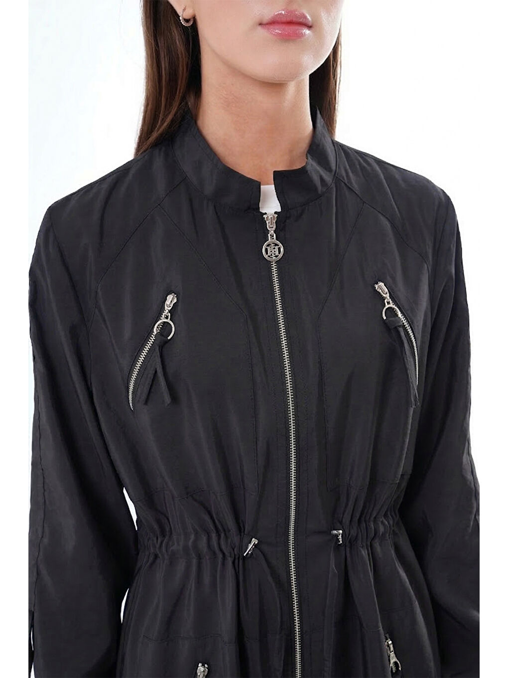 Hakim Yaka Beli Büzgülü Önden Fermuar Detaylı Safari Kap Ceket 822 Siyah-2