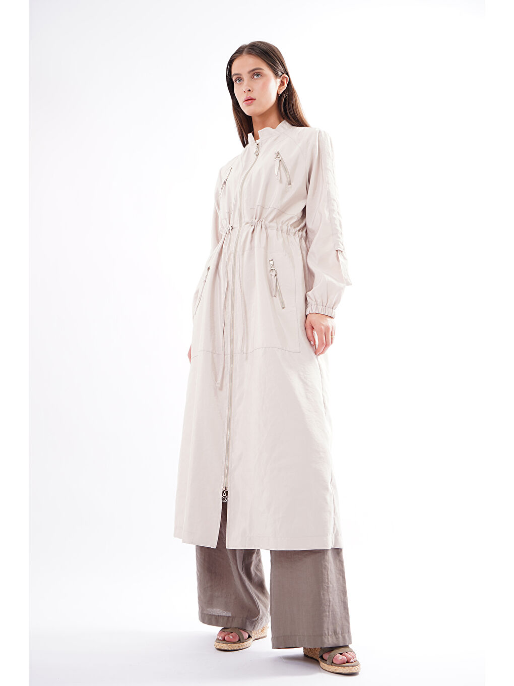 Bej Hakim Yaka Beli Büzgülü Önden Fermuar Detaylı Safari Kap Ceket 822 Taş-2