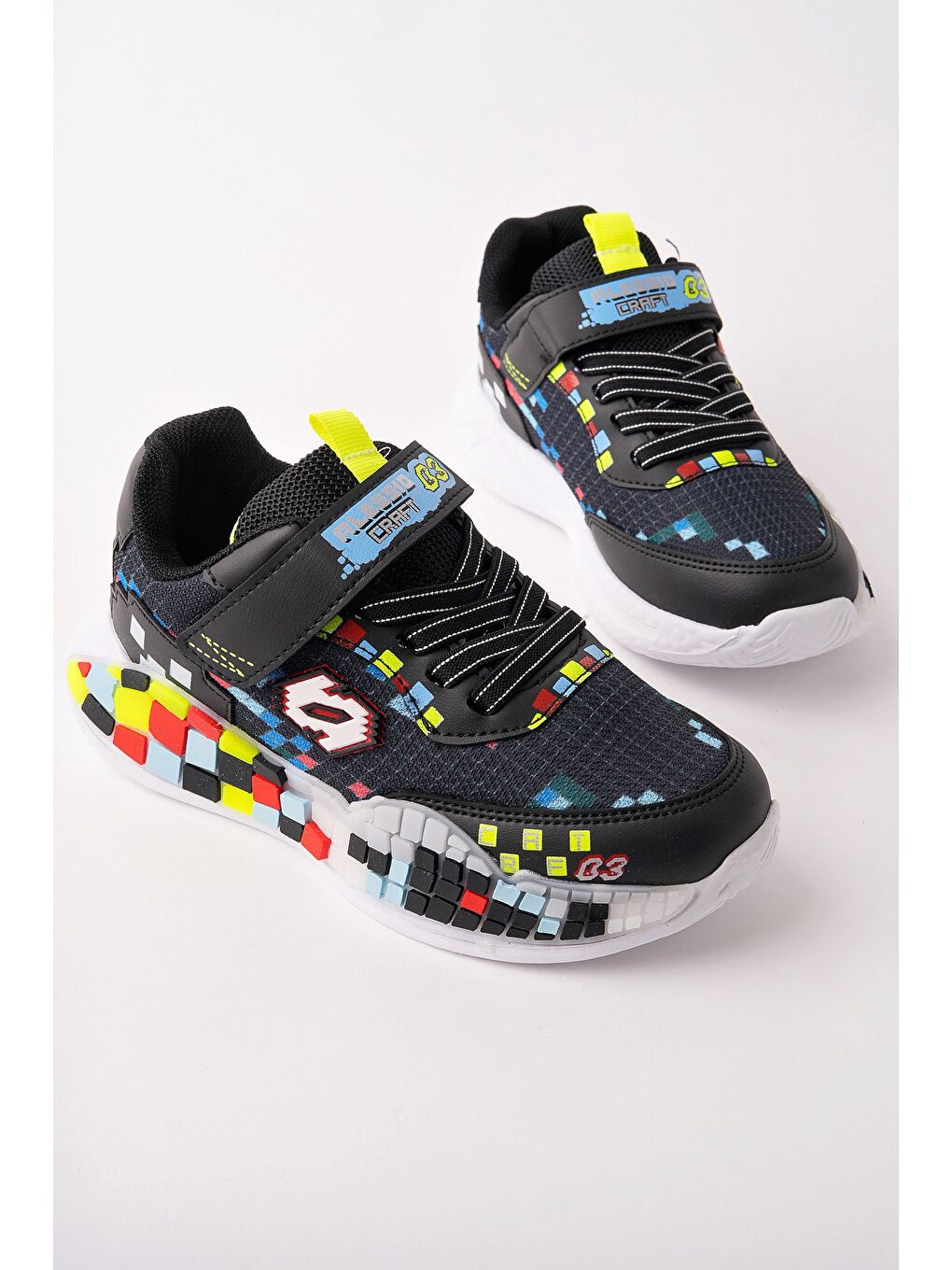 Siyah BLOCK Renkli Blok Tabanlı Cırtlı ve Bağcıklı Çocuk Sneaker Spor Ayakkabı-1