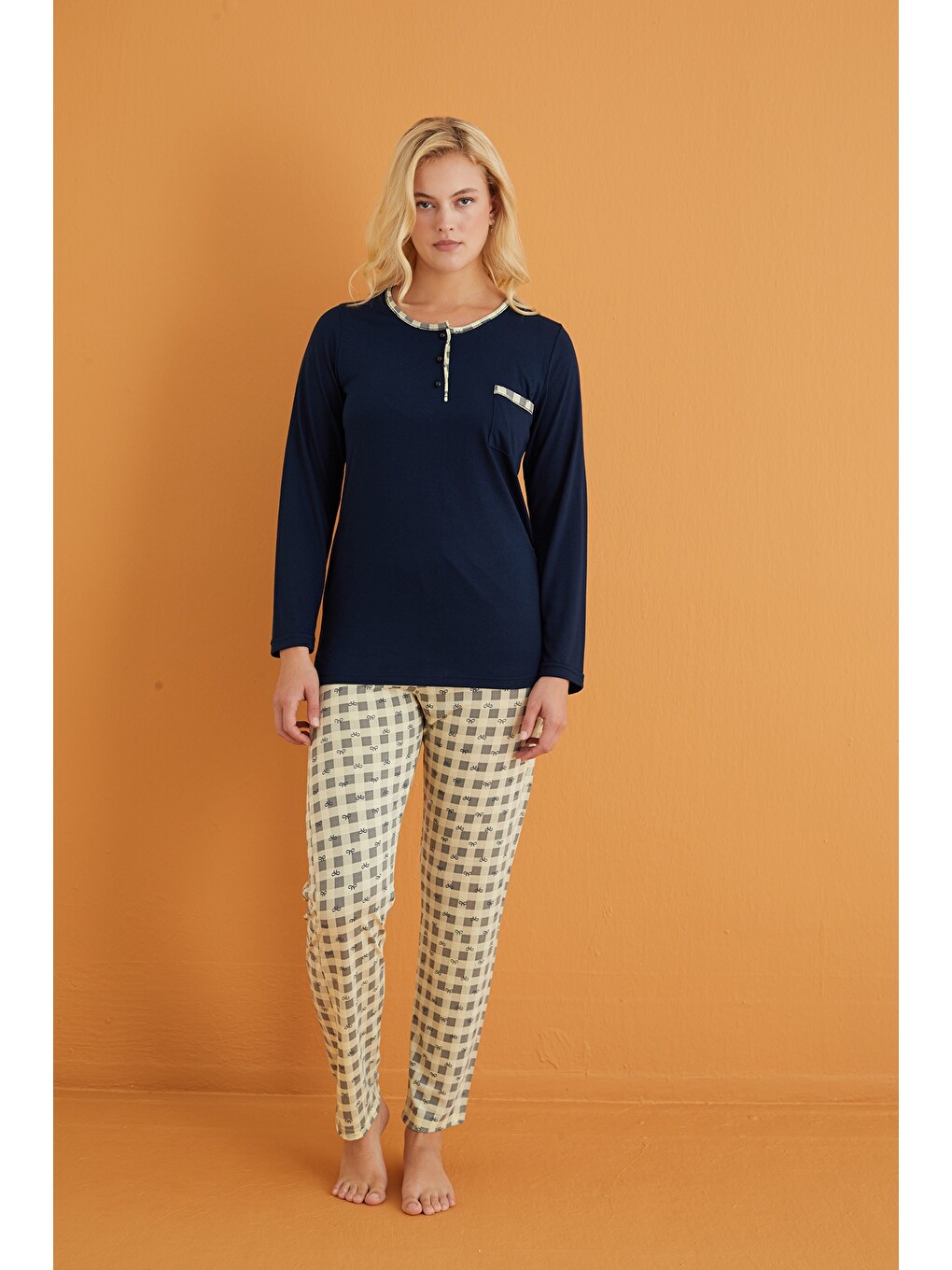 Karışık Düğmeli Cepli Örme Pijama Takım-1