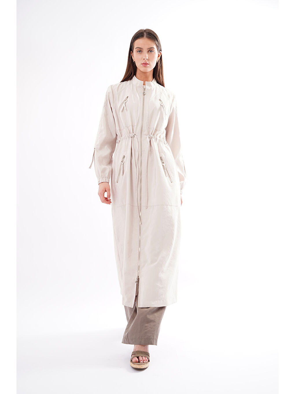 Bej Hakim Yaka Beli Büzgülü Önden Fermuar Detaylı Safari Kap Ceket 822 Taş-3