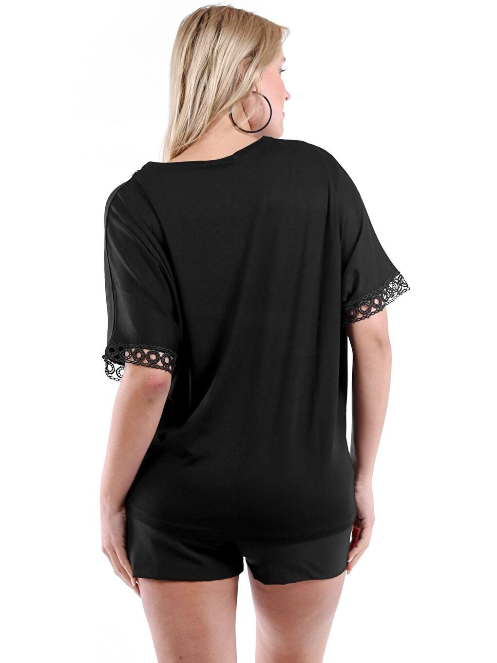 Siyah V Yaka Yarasa Kol Dantelli Örme Bluz-1