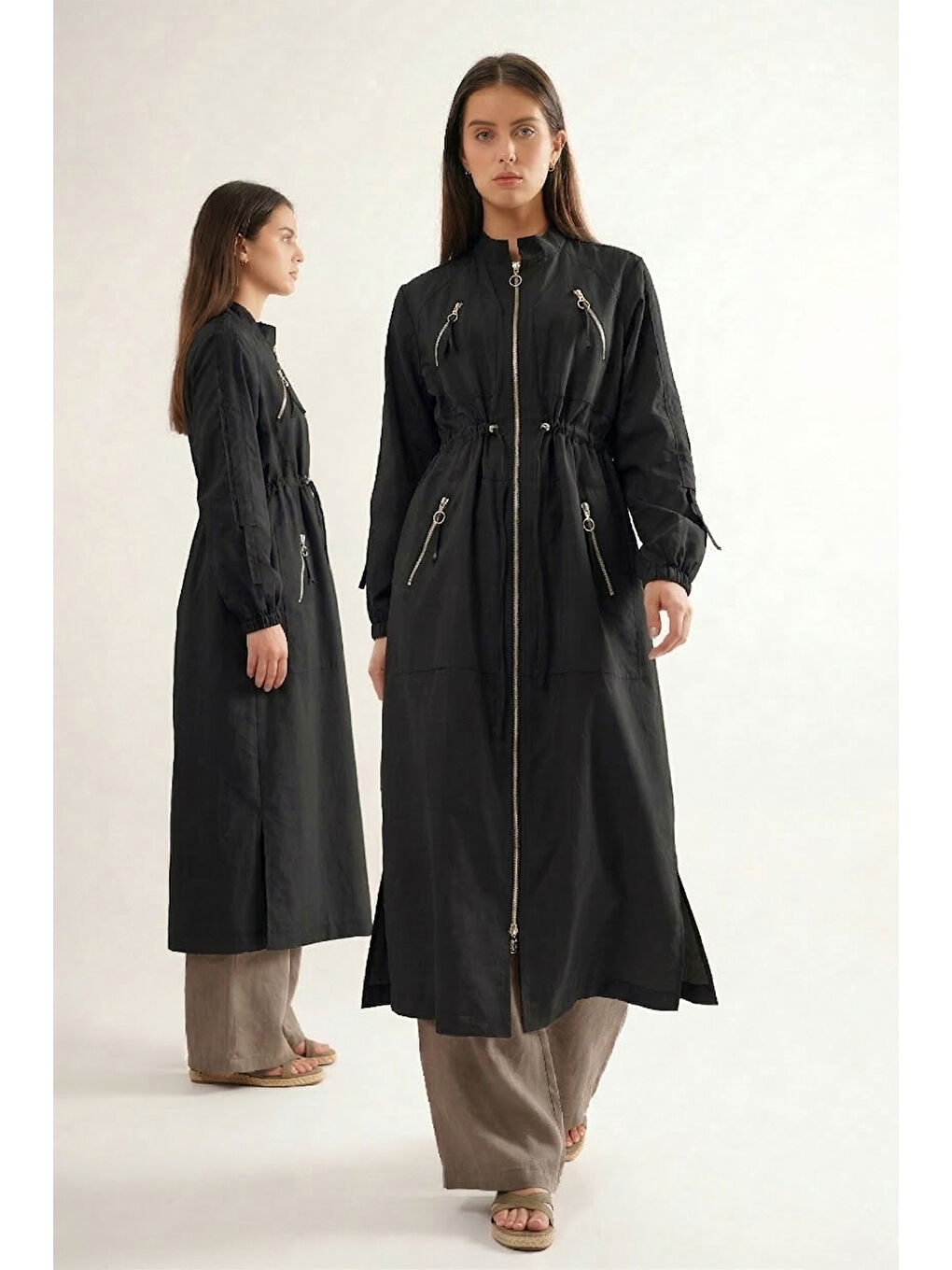 Hakim Yaka Beli Büzgülü Önden Fermuar Detaylı Safari Kap Ceket 822 Siyah-3