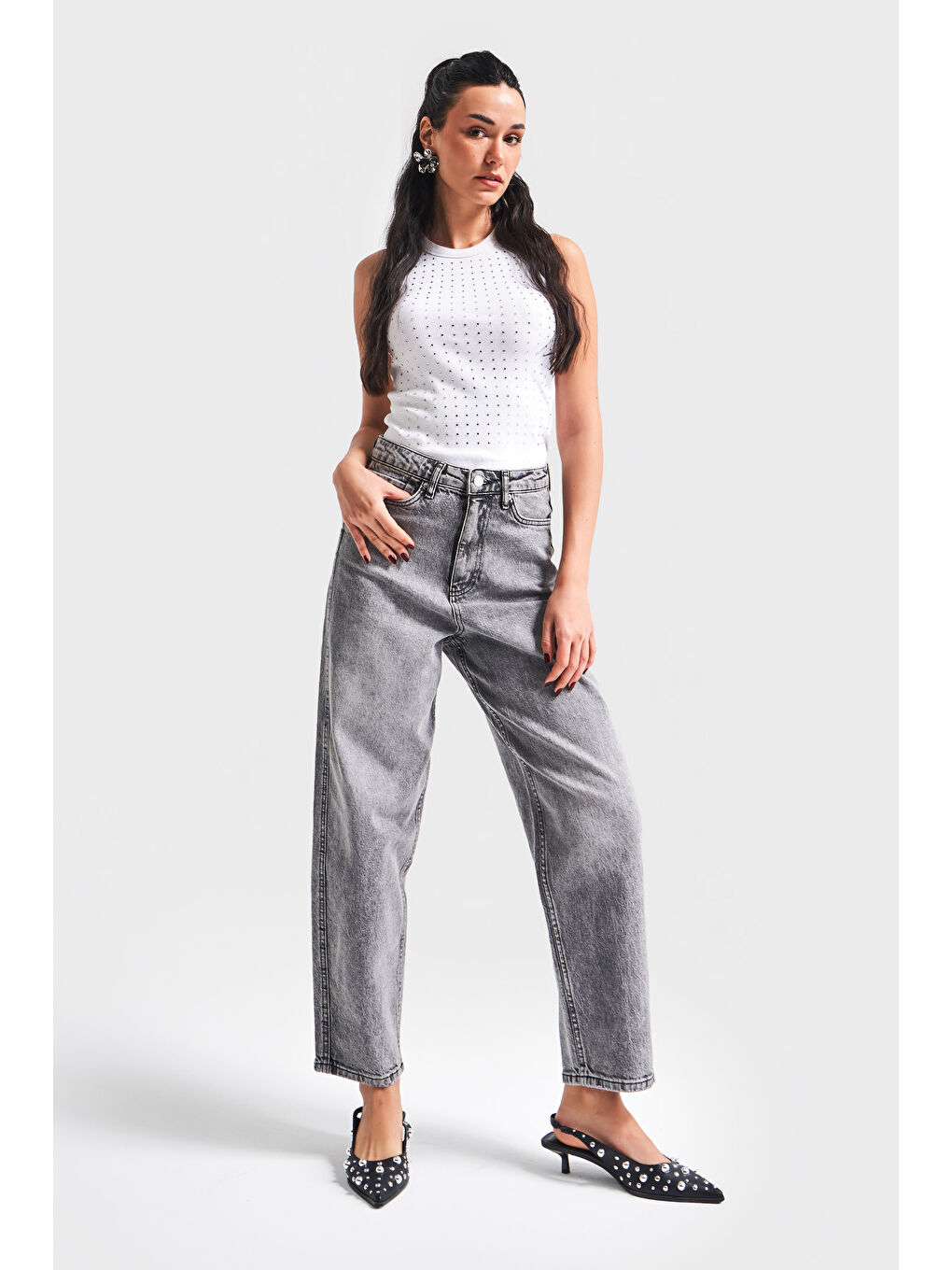 Kadın Gri Renk 4S5-13 Mom Relax Fit %100 Pamuk Yüksek Bel Denim Jean