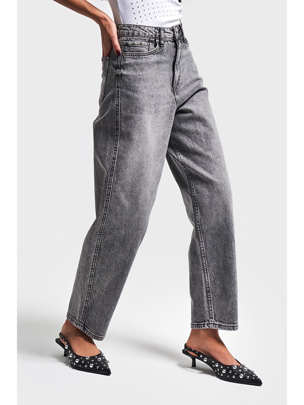 Kadın Gri Renk 4S5-13 Mom Relax Fit %100 Pamuk Yüksek Bel Denim Jean-1