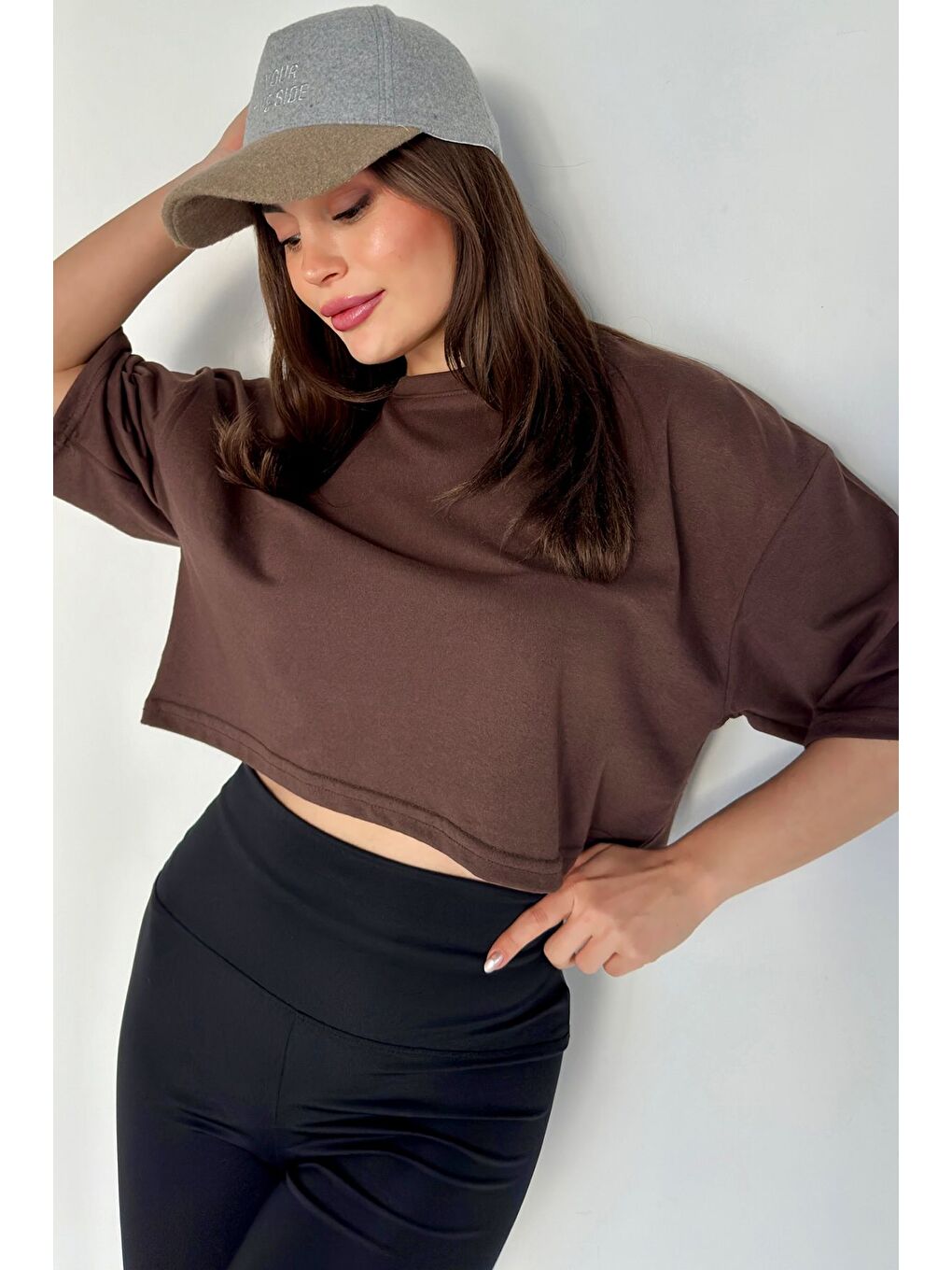 Kahverengi Kadın Oversize Koyu Kahve Crop Tshirt