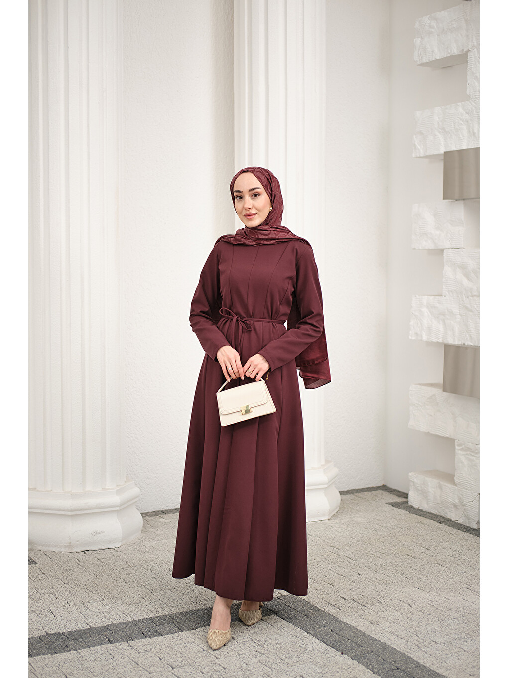 Kadın Parçalı Bel Bağlamalı Elbise Mürdüm-4