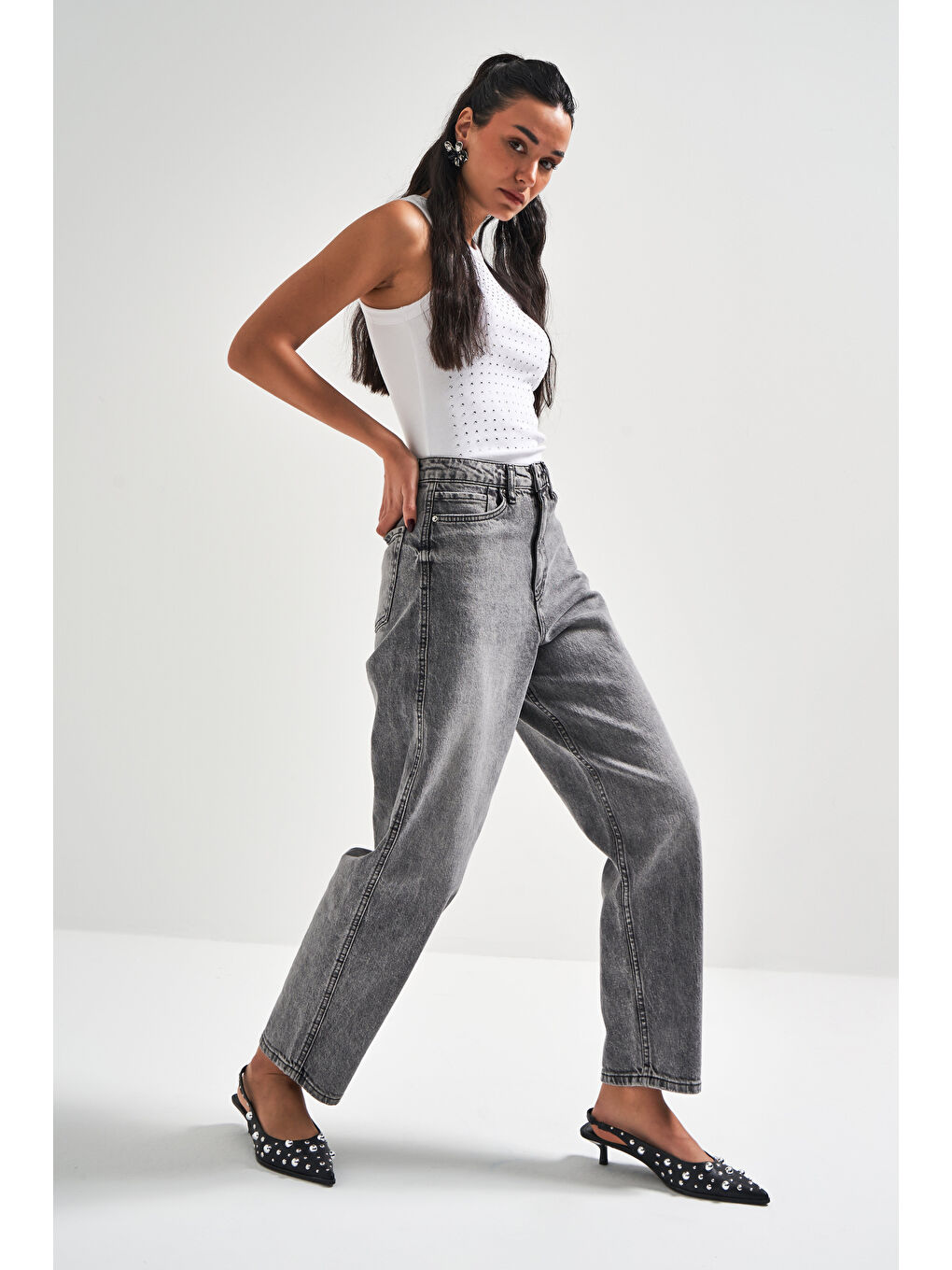 Kadın Gri Renk 4S5-13 Mom Relax Fit %100 Pamuk Yüksek Bel Denim Jean-3