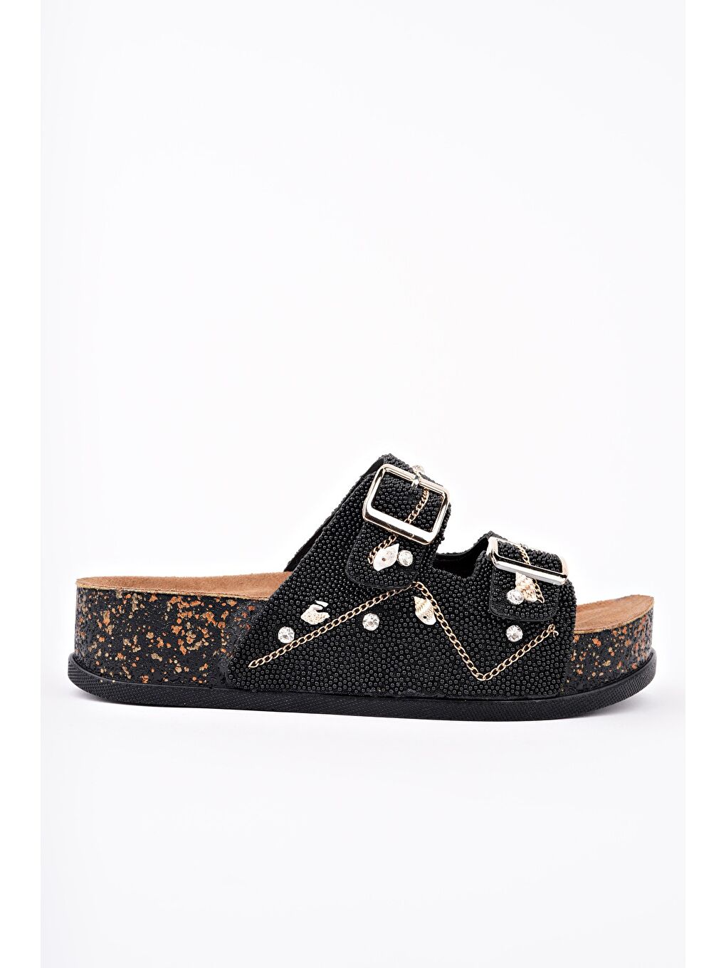 Siyah SHEİLA Çift Bantlı Taşlı Ayarlanabilir Kemerli Günlük Kadın Terlik-2