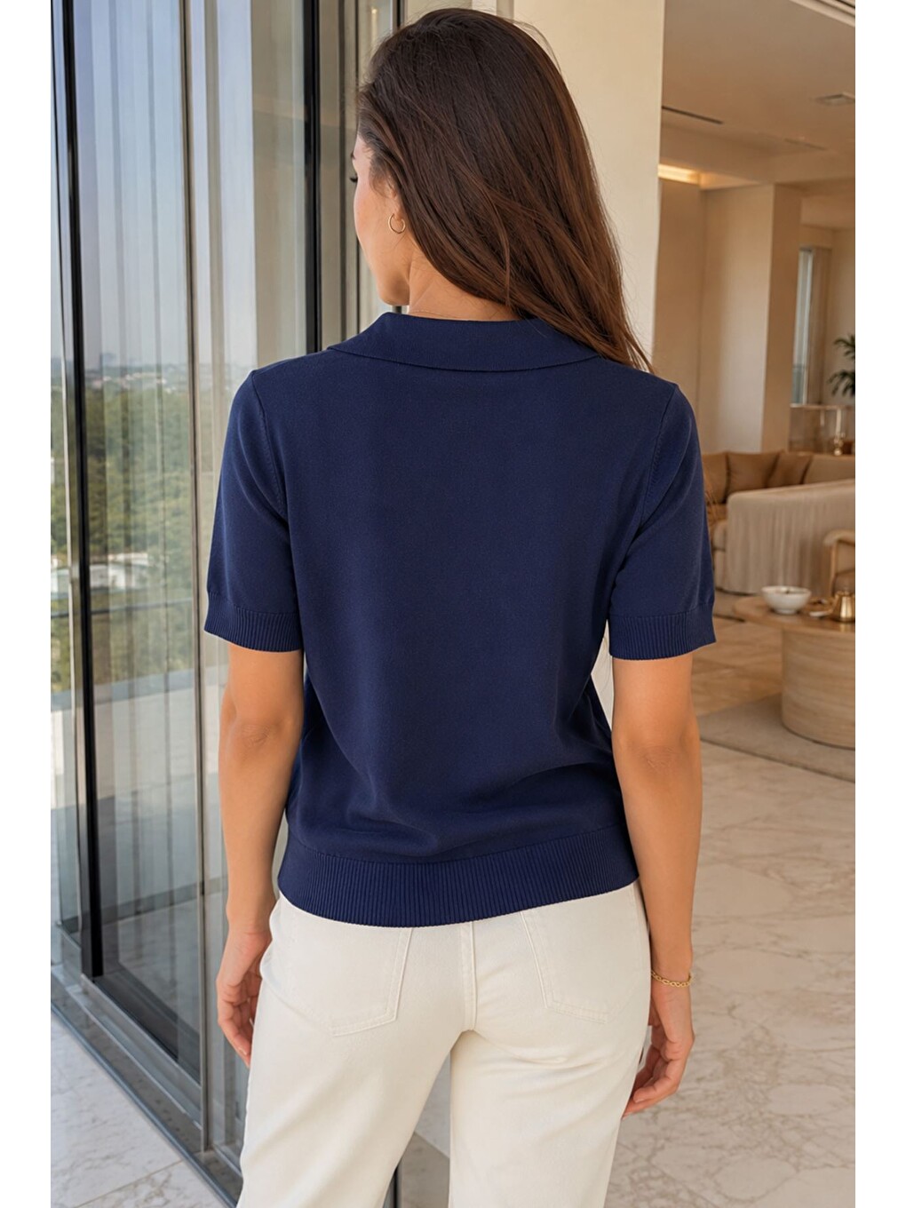 Lacivert Kadın Polo Yaka Çiçek Nakışlı Triko Bluz-3