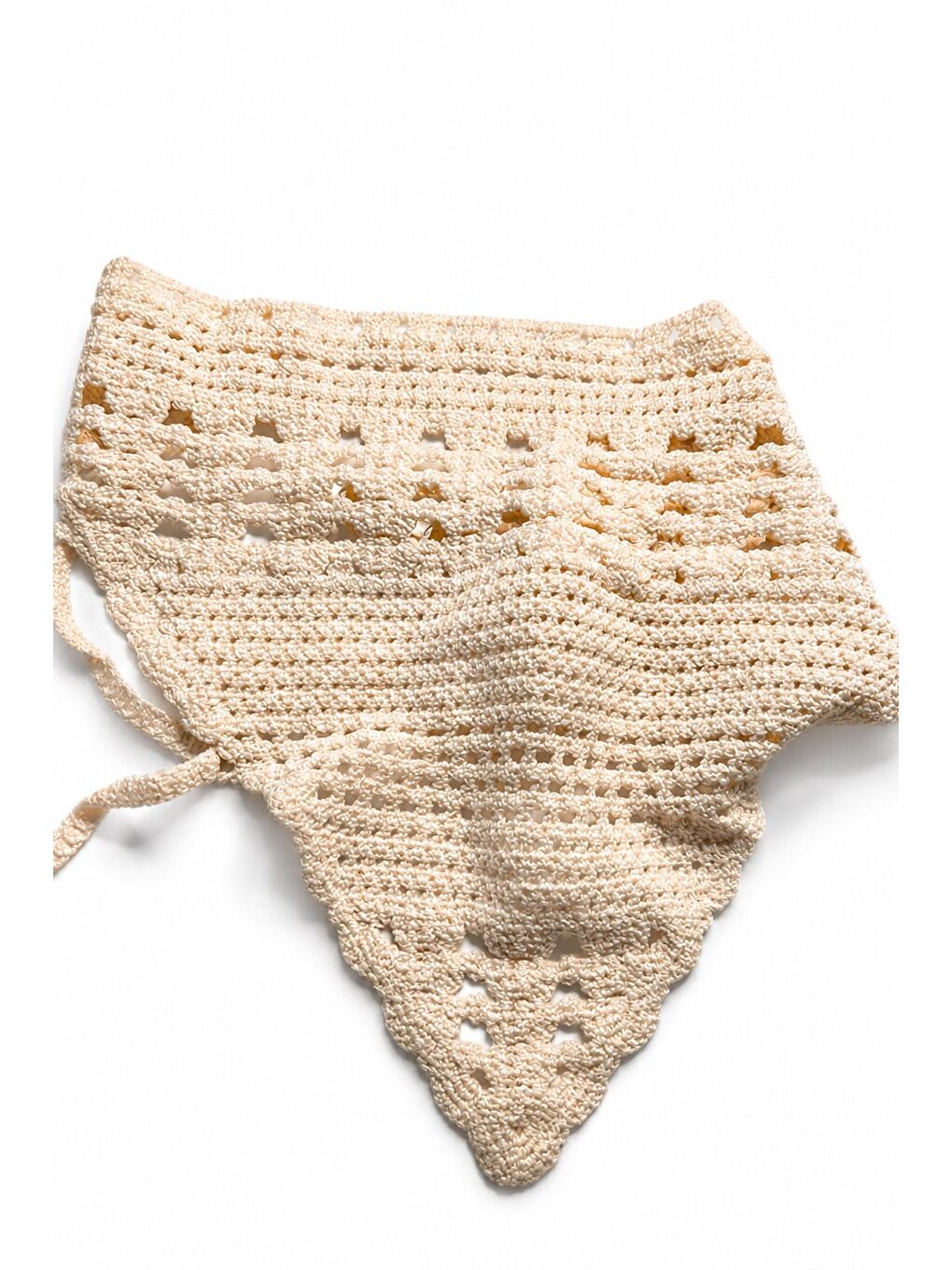 Ekru Düz Örgü Crochet Üçgen Bandana-1