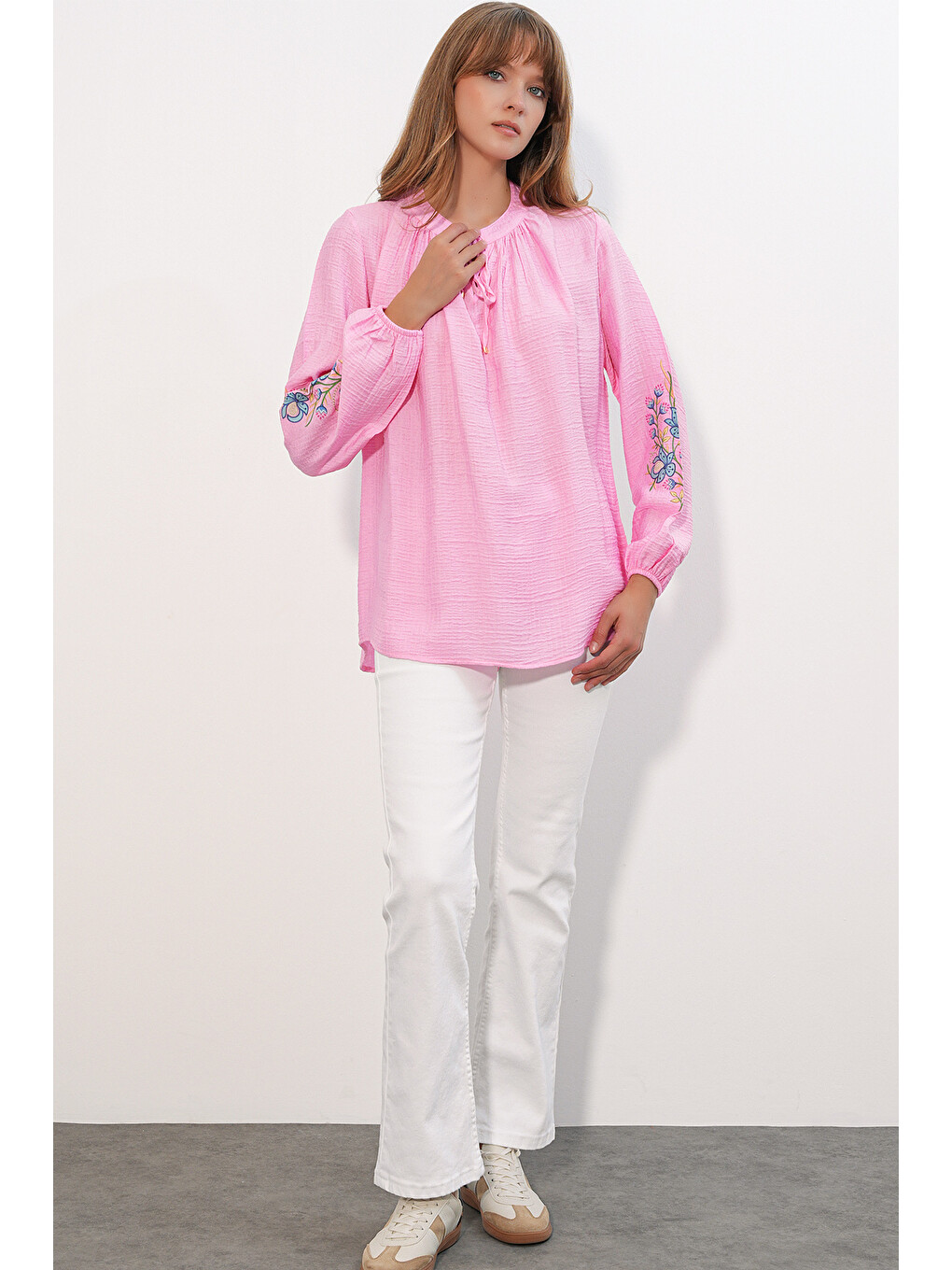 Kadın Nakışlı Oversize Bluz 1000 - Pembe-1