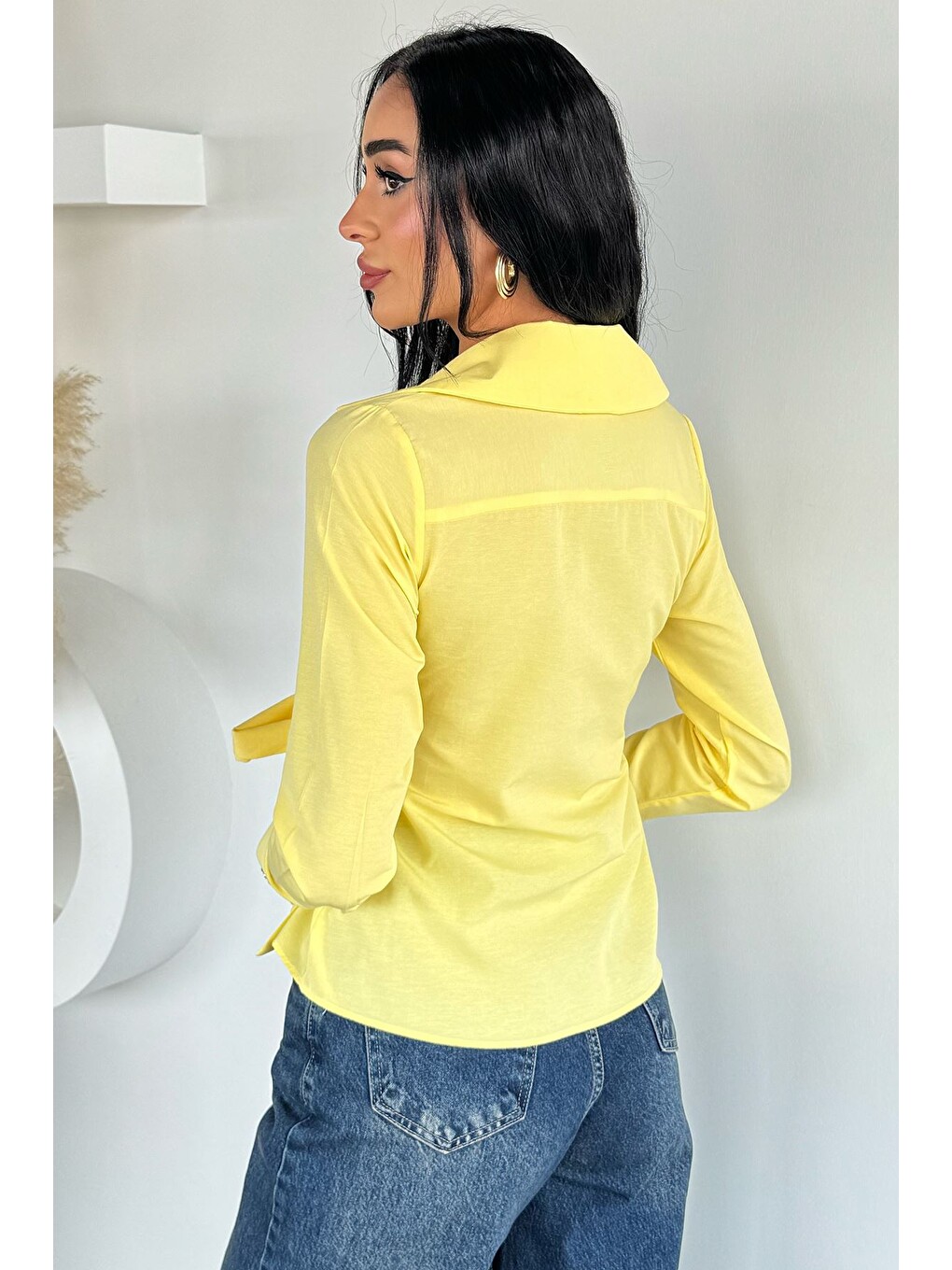 Sarı Kadın Kruvaze Yaka Bağlamalı Bluz-3