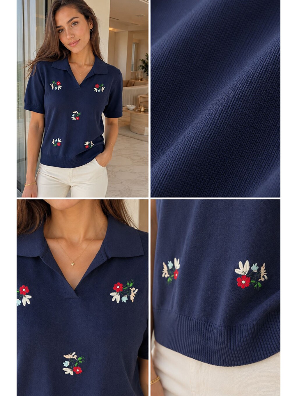 Lacivert Kadın Polo Yaka Çiçek Nakışlı Triko Bluz-4