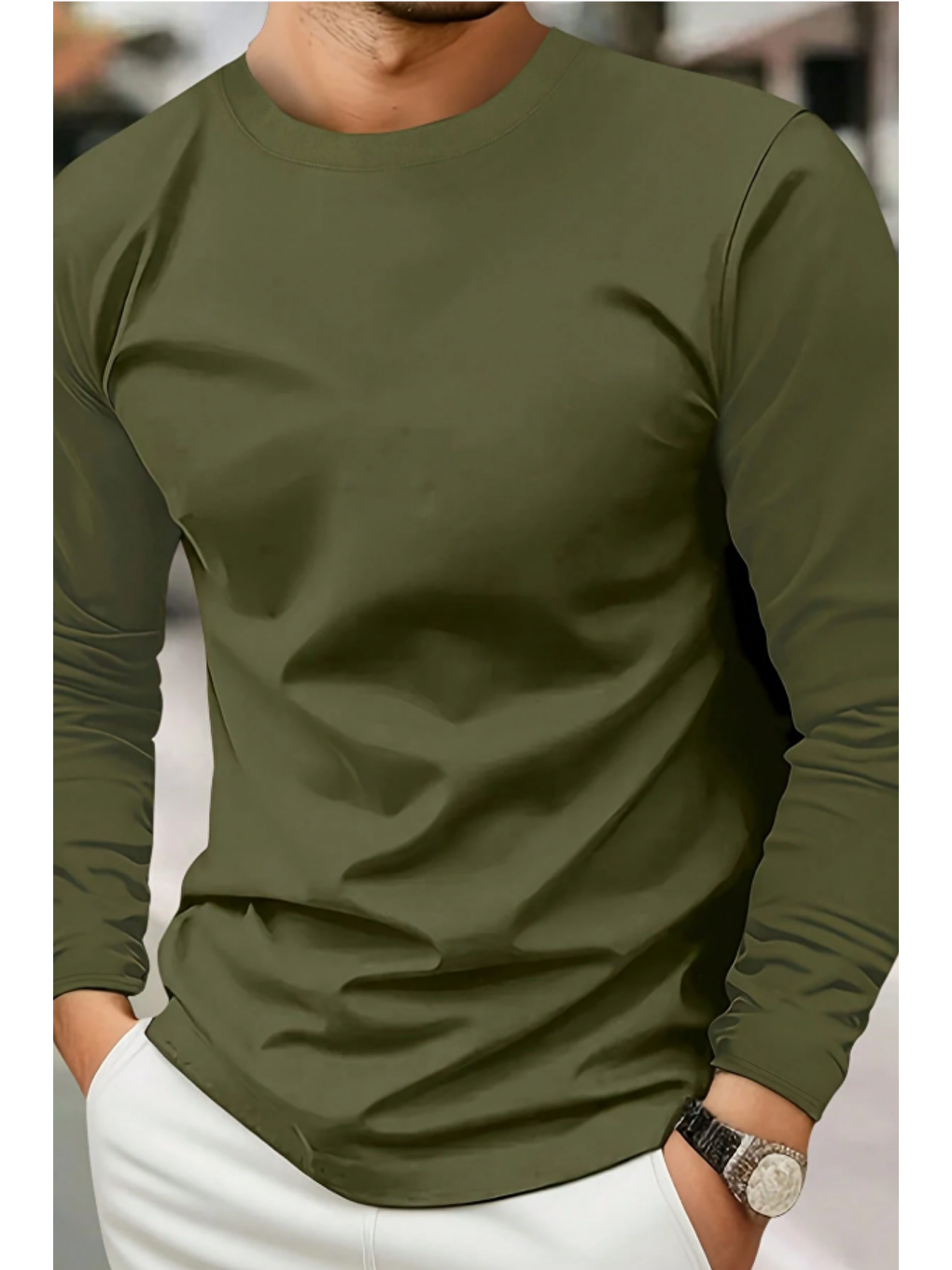 Erkek Haki Elastanlı Bisiklet Yaka Slim Uzun Kollu T-Shirt