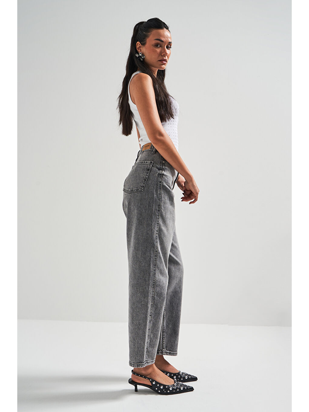 Kadın Gri Renk 4S5-13 Mom Relax Fit %100 Pamuk Yüksek Bel Denim Jean-4