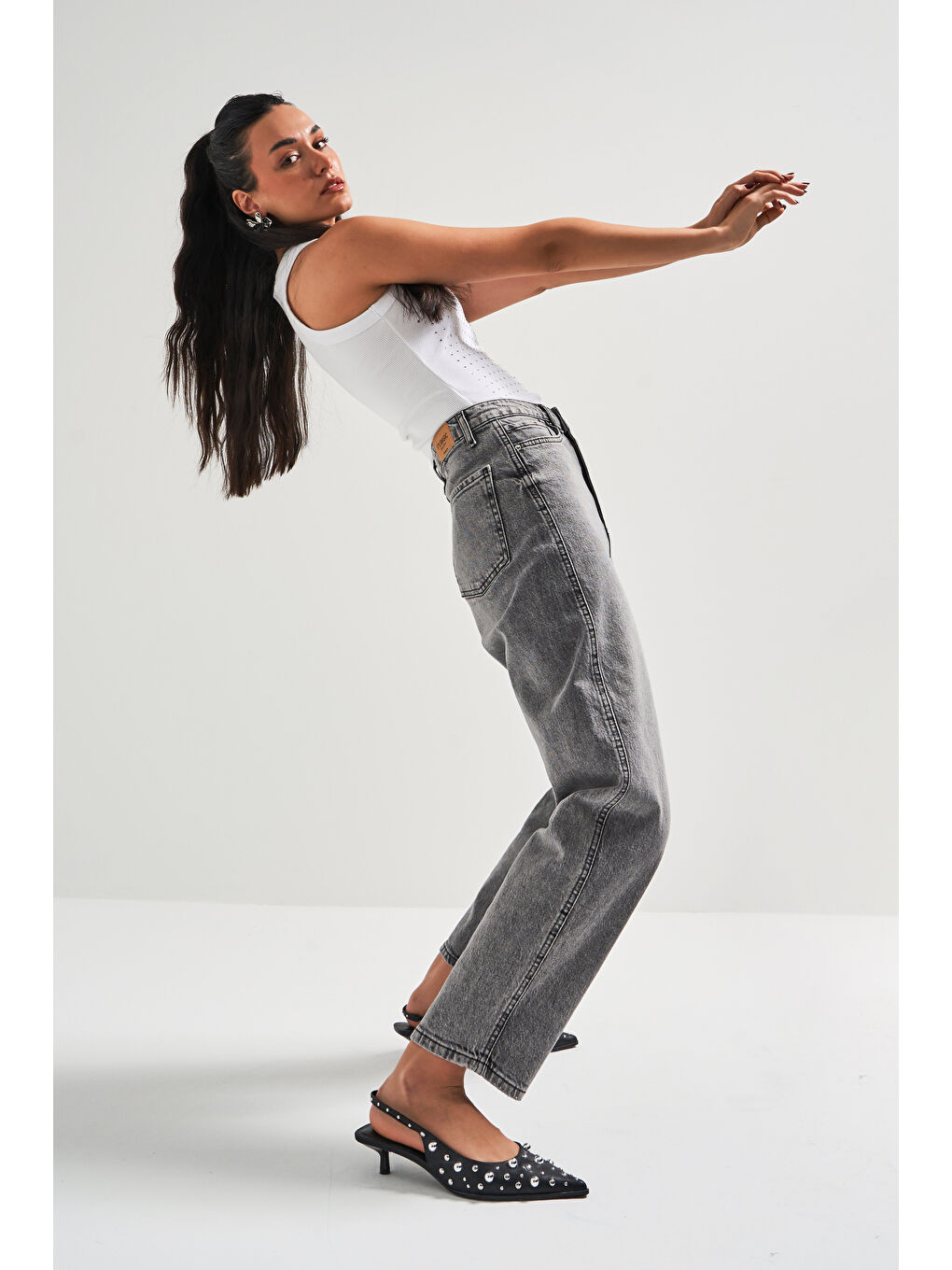 Kadın Gri Renk 4S5-13 Mom Relax Fit %100 Pamuk Yüksek Bel Denim Jean-5