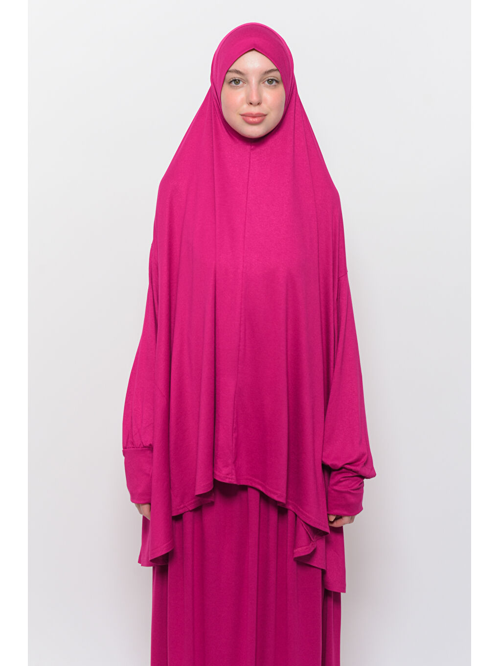 Fuşya İki Parça Pamuklu Yarasa Kollu Başörtülü Organik Terletmez  Elbise
