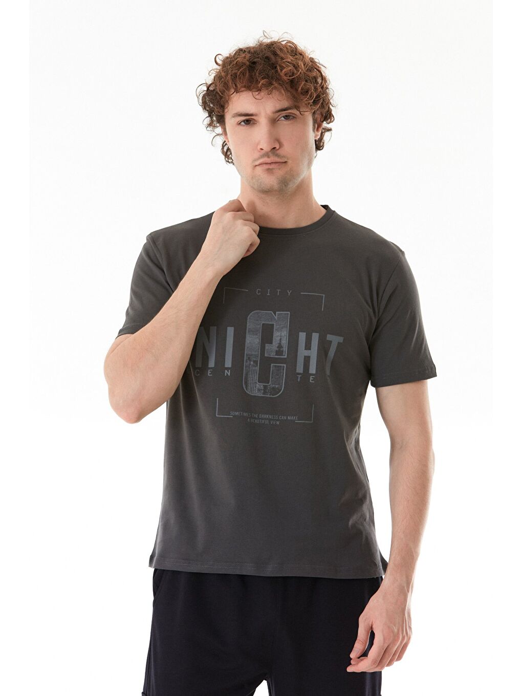 Antrasit Night Yazı Baskılı Bisiklet Yaka Tişört