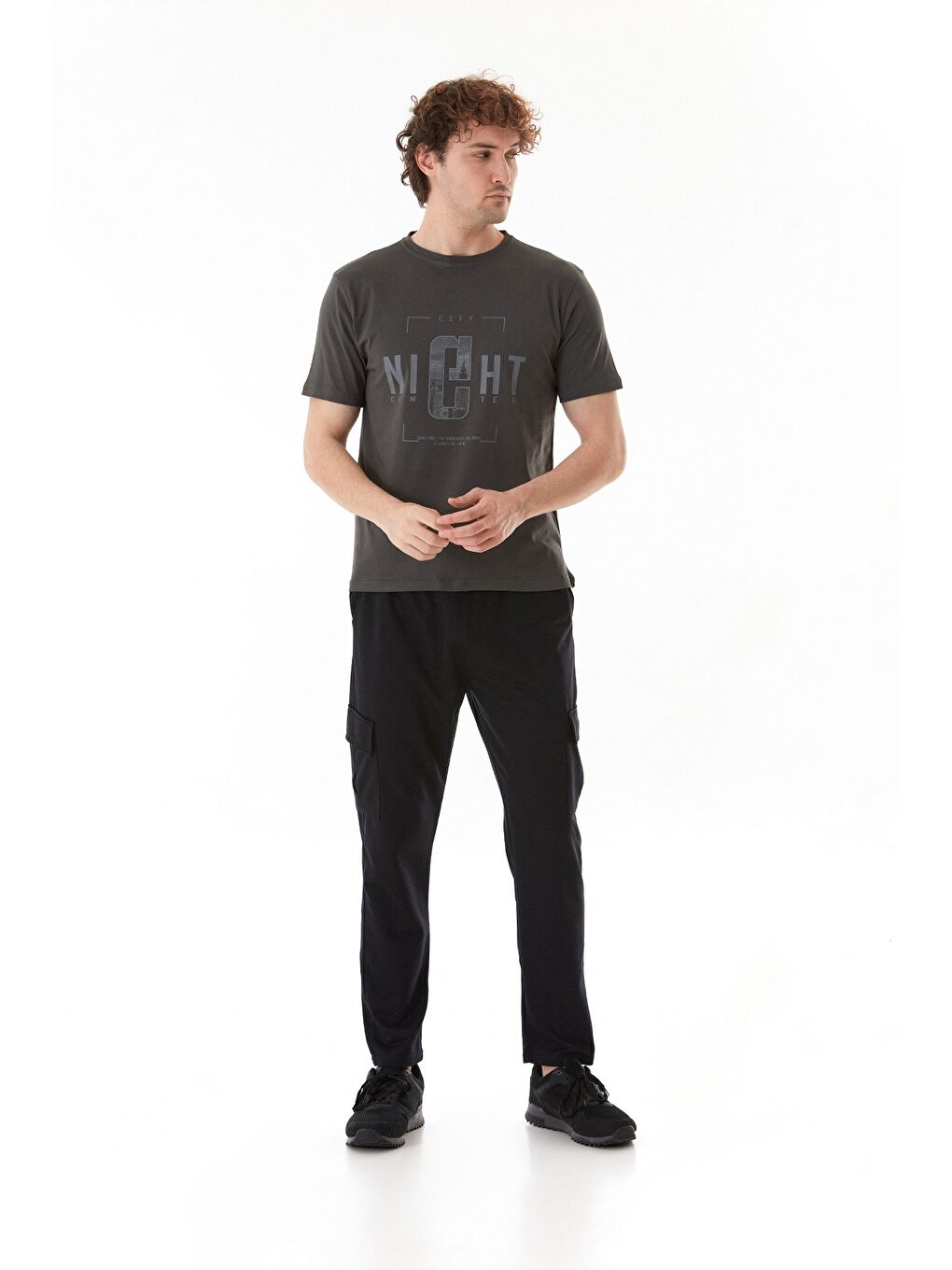 Antrasit Night Yazı Baskılı Bisiklet Yaka Tişört-1