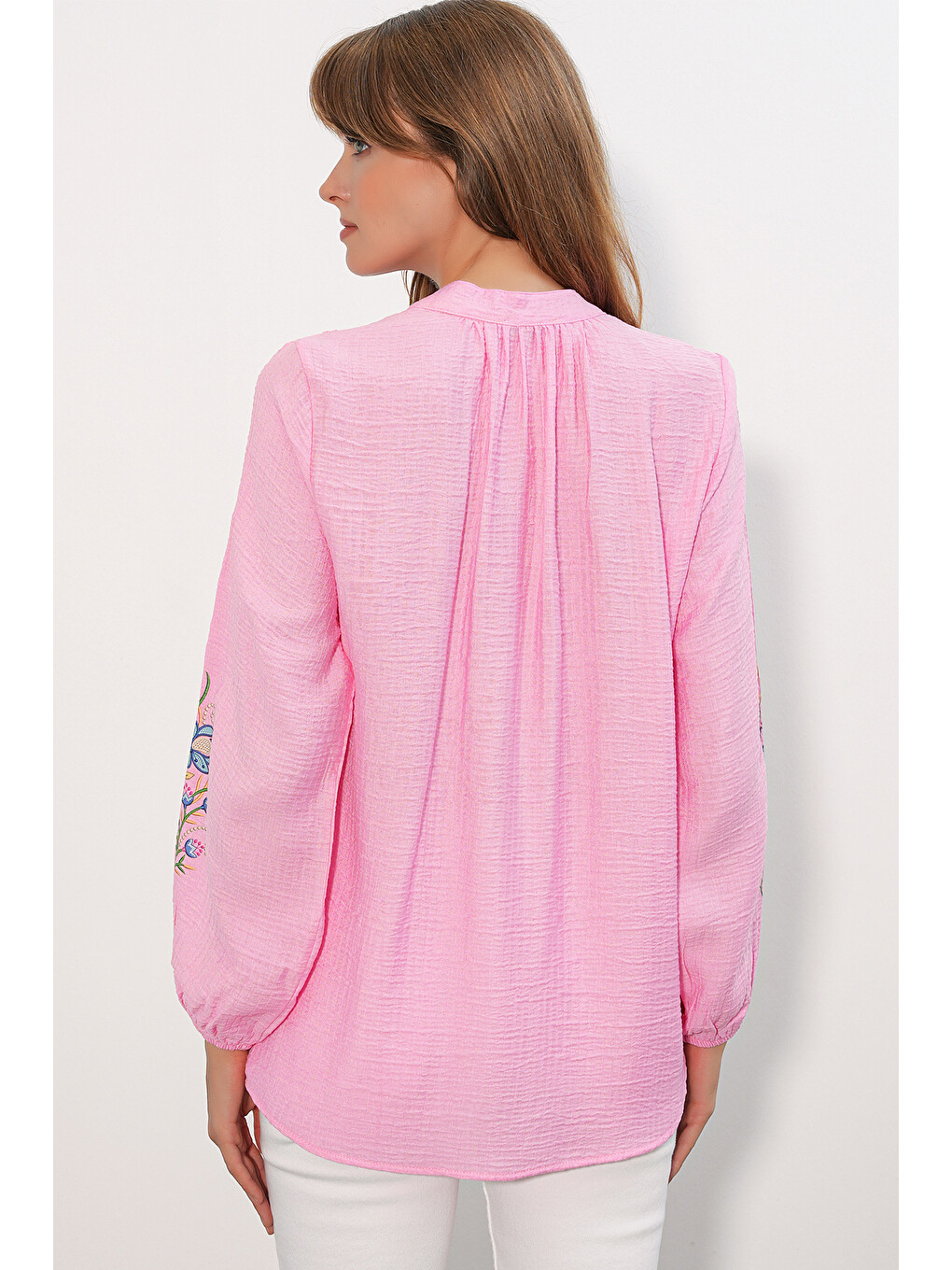 Kadın Nakışlı Oversize Bluz 1000 - Pembe-5